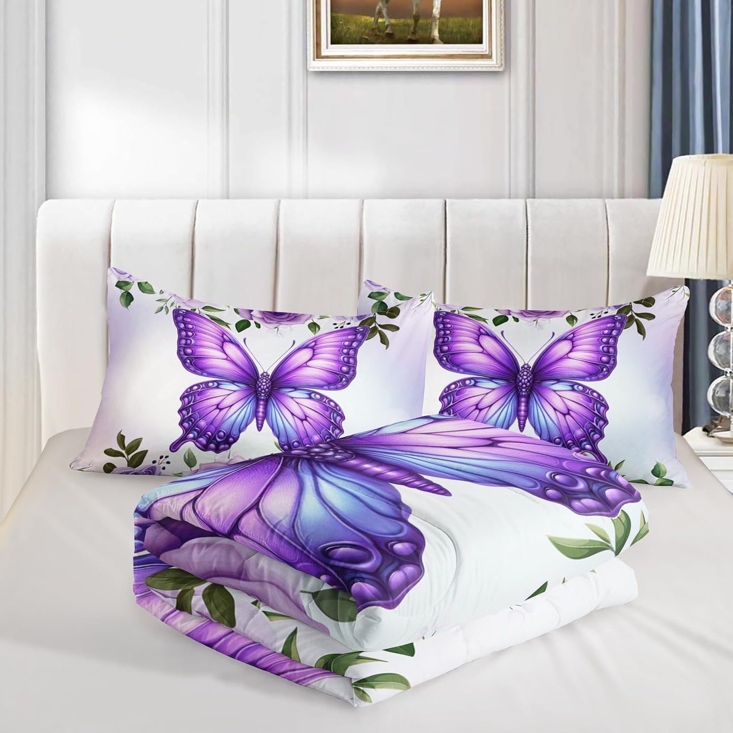 UEVBF Beautiful Butterfly Bedding Comforter Set Twin Size,Blossoming Flowers Pattern Bedding Set for Kids Girls Toddlers Room Decor,Nature Insect Themed Bed Comforter Sets with 2 Pillowcases.