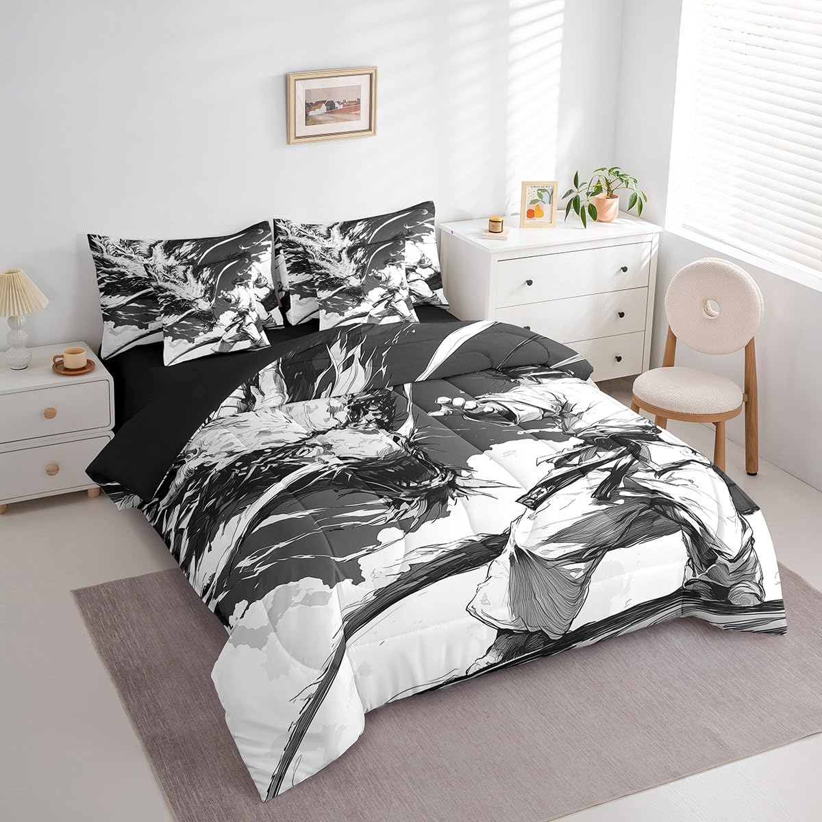 Feelyou Kids Taekwondo 7 Pieces Bedding Set Queen Size, Japanese Sports Bed in A Bag Samurai Comforter Set with Sheets Boys Girls Dragon Teens Bed Set Bedroom Decor 7Pcs