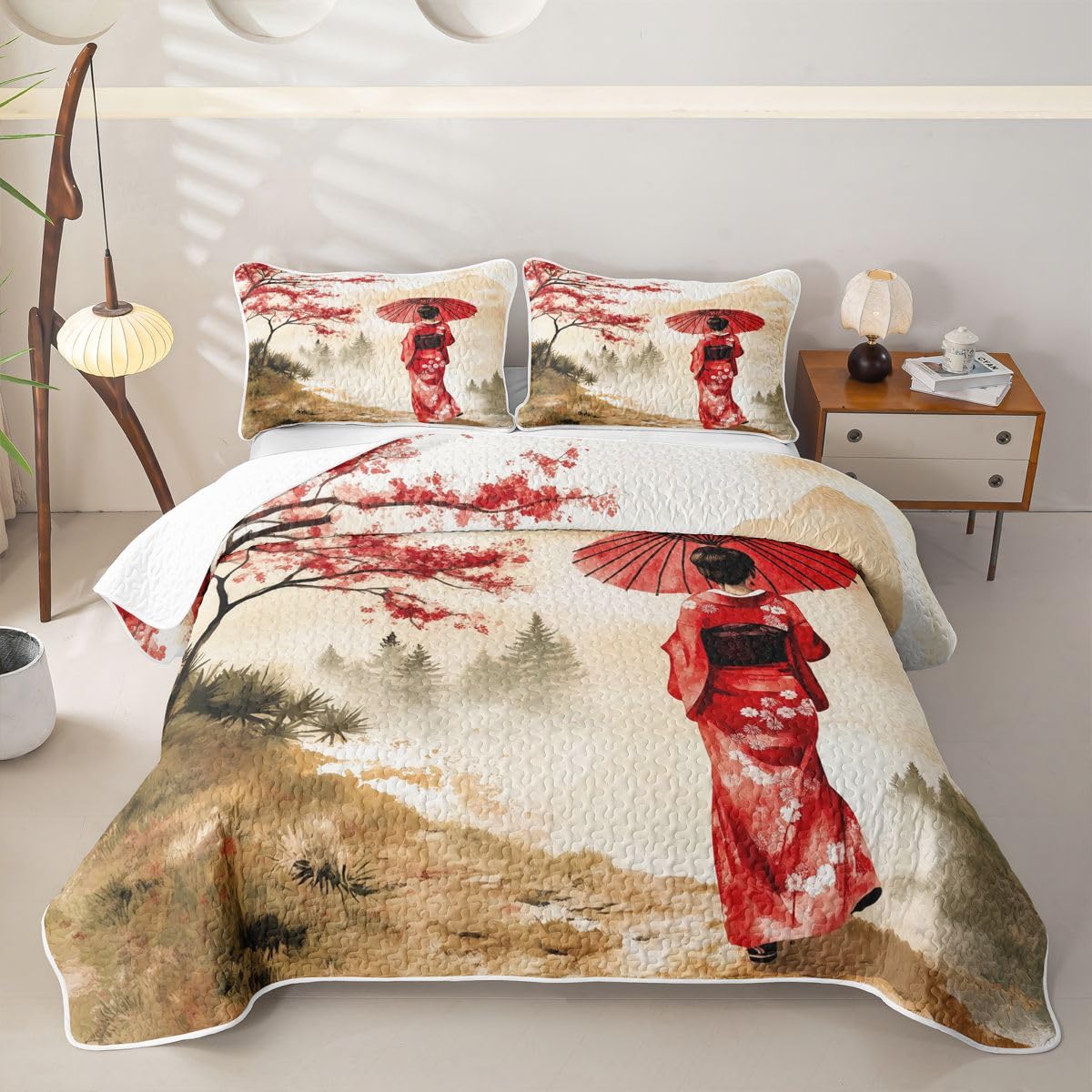 Erosebridal Geisha Quilts Twin Size - Japanese Geisha with Umbrella Bedspread Coverlet Set, Red Cherry Blossoms Quilt Coverlets 2Pcs (Only 1 Pillowcase)