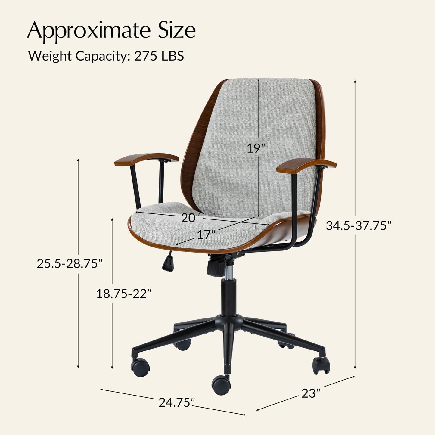 HULALA HOME Solid Wood Office Chair with Rocking Function, Comfy Fabric Desk Chair with Bent Wood and Metal Base, Height Adjustable Swivel Computer Task Chair, Grey