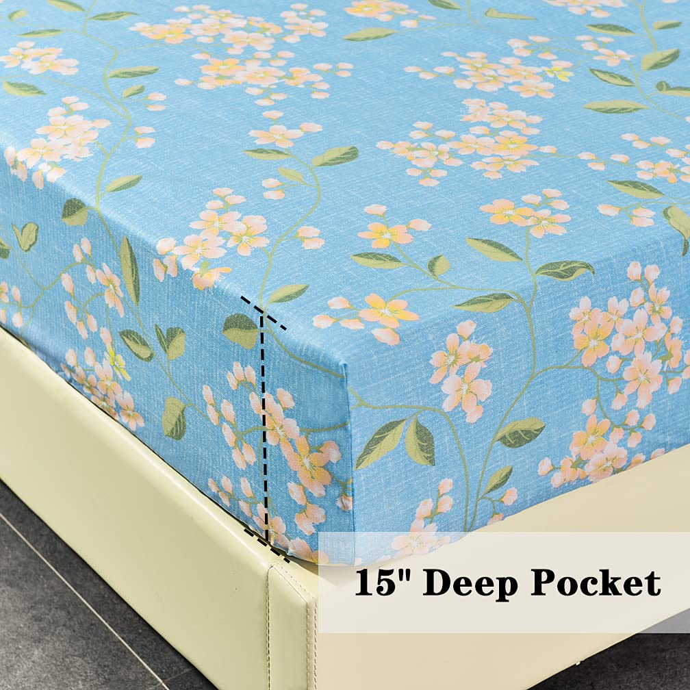 JSD Blue Floral Printed Sheet Set Queen Size, 4 Piece Soft Spring Pattern Microfiber Sheets Extra Deep Pocket