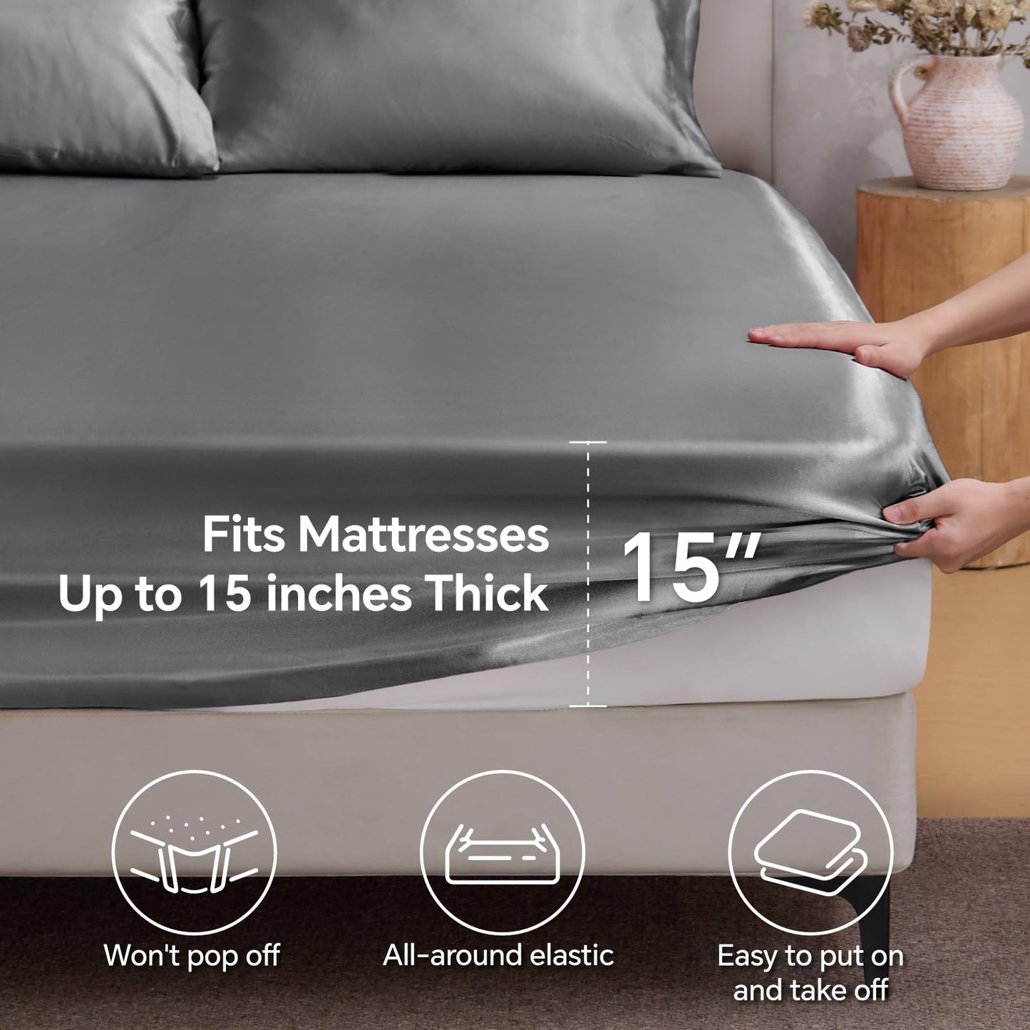 BEDELITE Satin Fitted Sheet Queen with Elastic Corner Straps, Luxury Soft Silk-Like Bed Sheet for Hair & Skin, 1 Deep Pocket Fitted Sheet Only Fits 15" Mattress, Fade & Wrinkle Resistant, Dark Grey