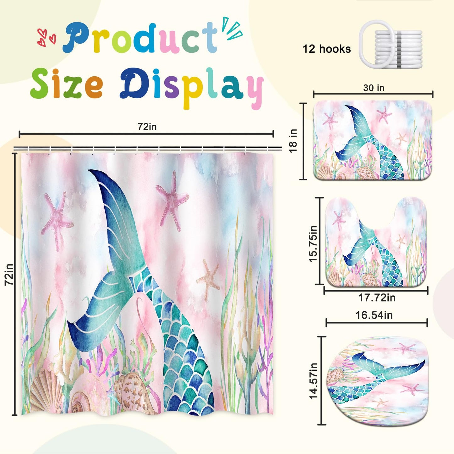 KINUUIS 4 Pcs Mermaid Bathroom Set Pink Shower Curtain Sets with Non-Slip Rugs Toilet Lid Cover and Bath Mat Set, Kids Girl Bathroom Decor with 12 Hooks