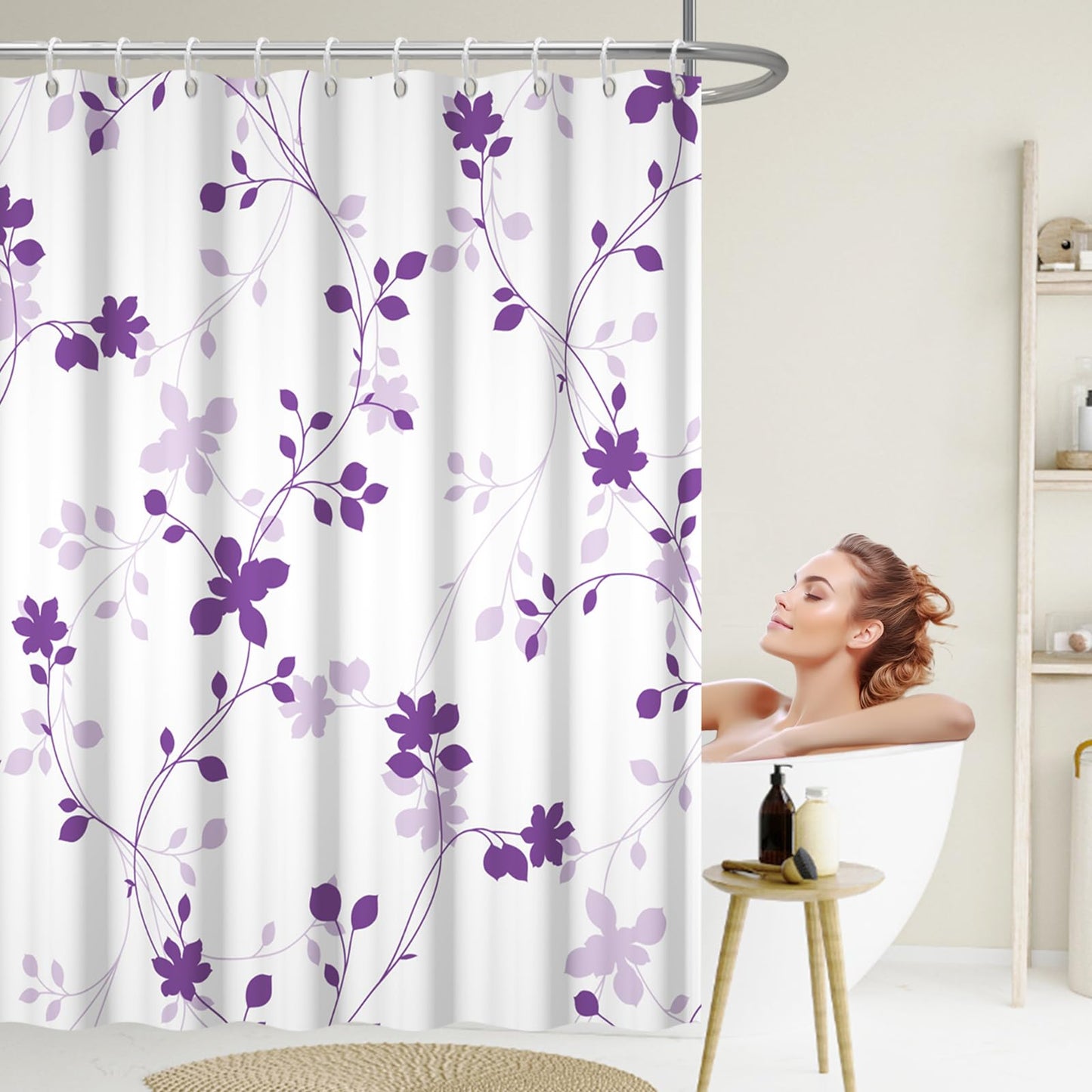 GICDSU Purple Plant Leaves Shower Curtain, Waterproof Fabric Shower Curtain Set with 12 Hooks, Modern Farmhouse Leaf Pattern Shower Curtains for Bathroom, 72x72 Inches