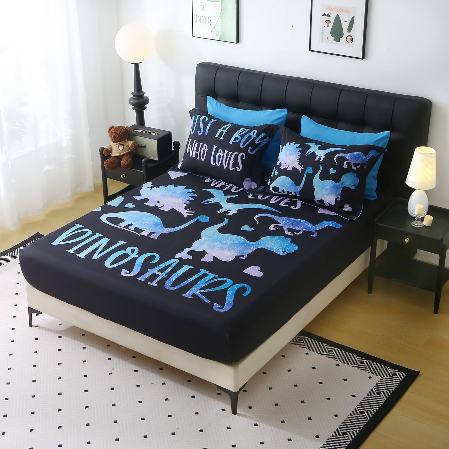 Jameswish 7 Piece Boys Dinosaur Comforter Set Full Size Blue Dinonsaur Soft Microfiber Bed in A Bag with Comforter,Sheet Set,Pillowcase and Sham for Child Teens All Season