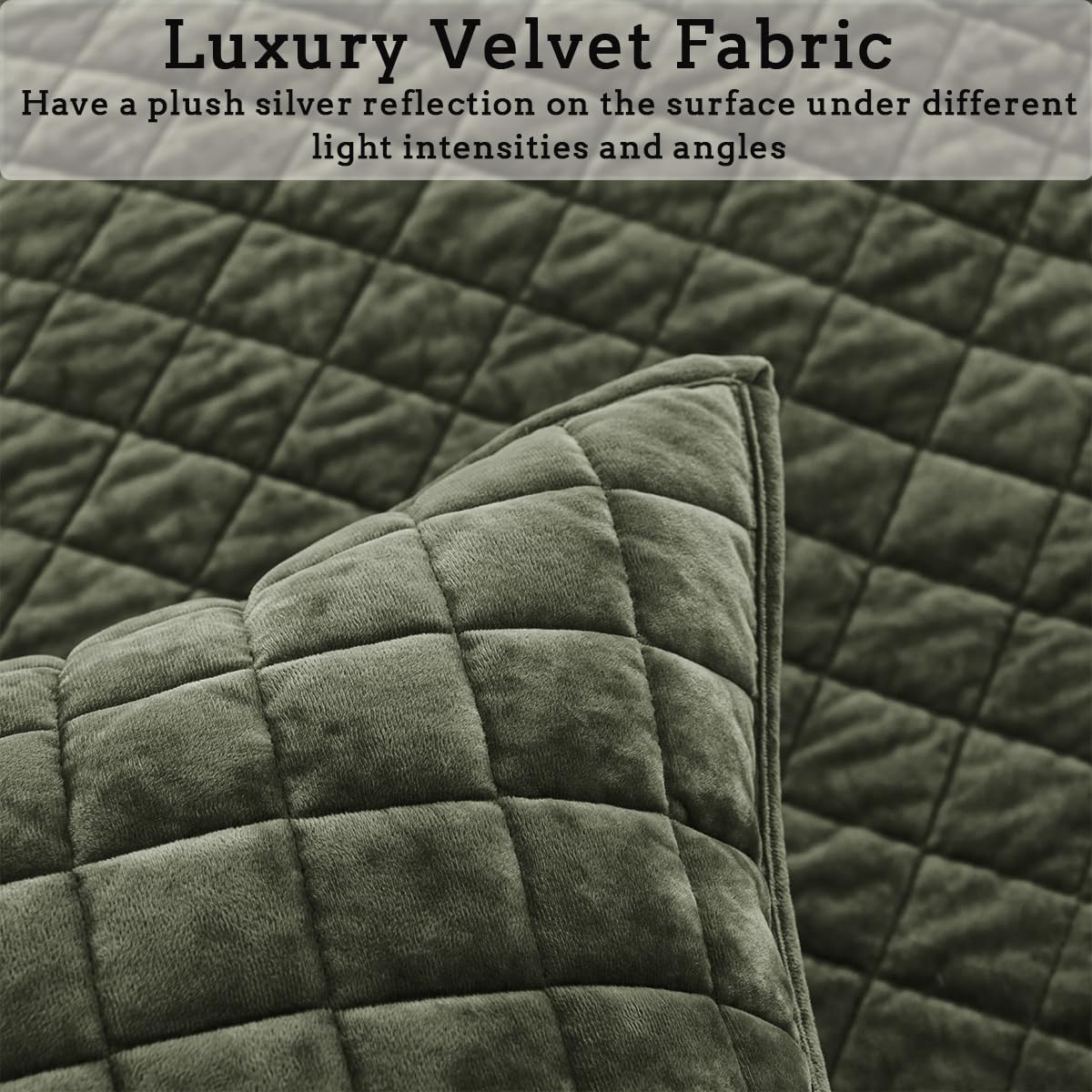 COCOPLOCEUS Quilt Set King Size 98x106 Luxurious Velvet Bedding Sets with 2 Pillow Shams 20x36 3 Pieces Ultra Soft Quilted Bedspread Coverlet Comforter for All Season,Army Green