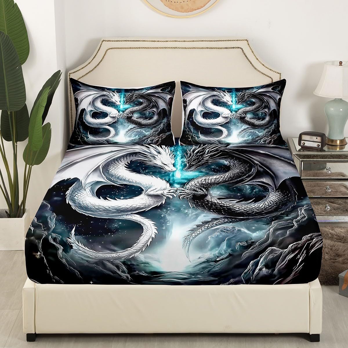 Erosebridal Dragon Twin Size Bedding Set, West Wildlife Bed Sheets Set for Teens Adult Youth Men Room, Ancient Animal Flat Fitted Sheet 3 Piece with 1 Pillowcase, Black White