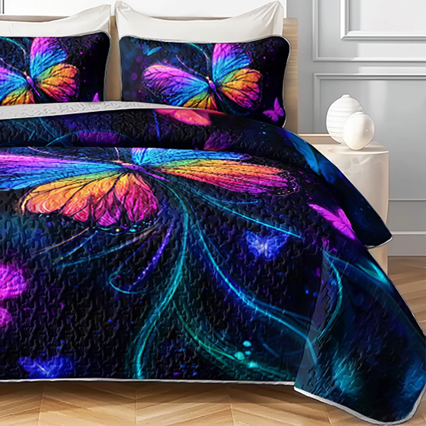 AILONEN 3-Piece Rainbow Butterfly Quilt Set Queen Size - Beautiful Bedspread Fantasy Butterflies Coverlet for Kids Girls Women,Soft Lightweight Quilt,2 Pillowcases