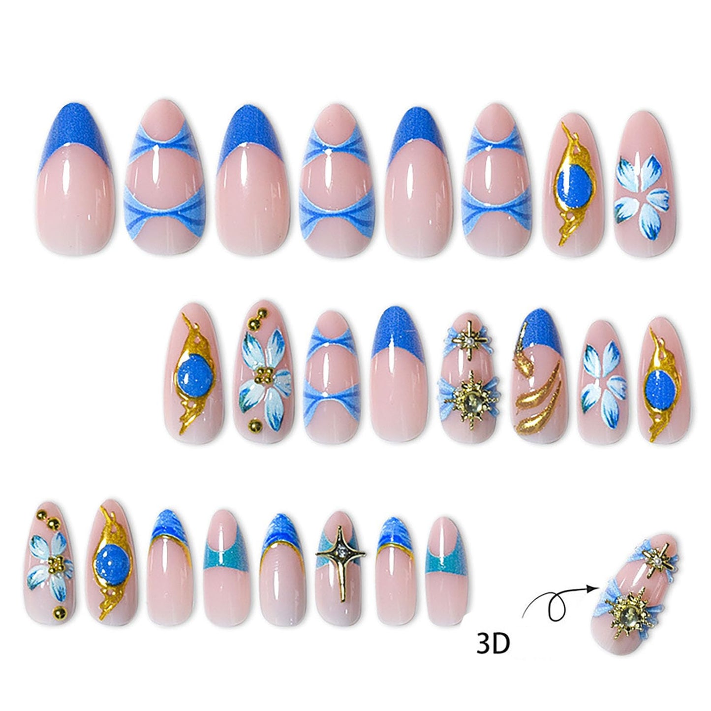 RUOKEXIN Almond Press on Nails French Tip Fake Nails Medium False Nails with Gold Charm Designs Acrylic Nail Press ons Sparkly Artificial Nails for Women 24Pcs