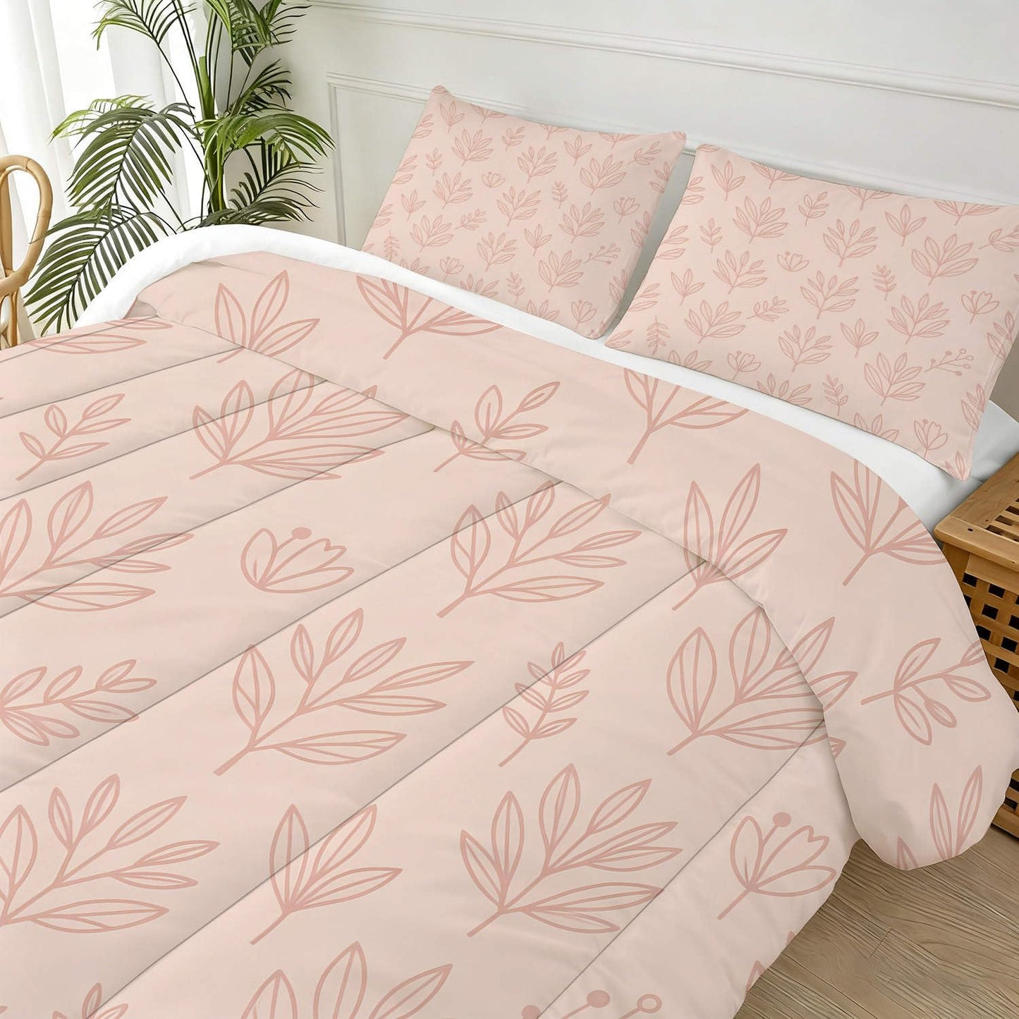 CERYUEE King 3pc Pink Line Leaf Boho Botanical Comforter Set