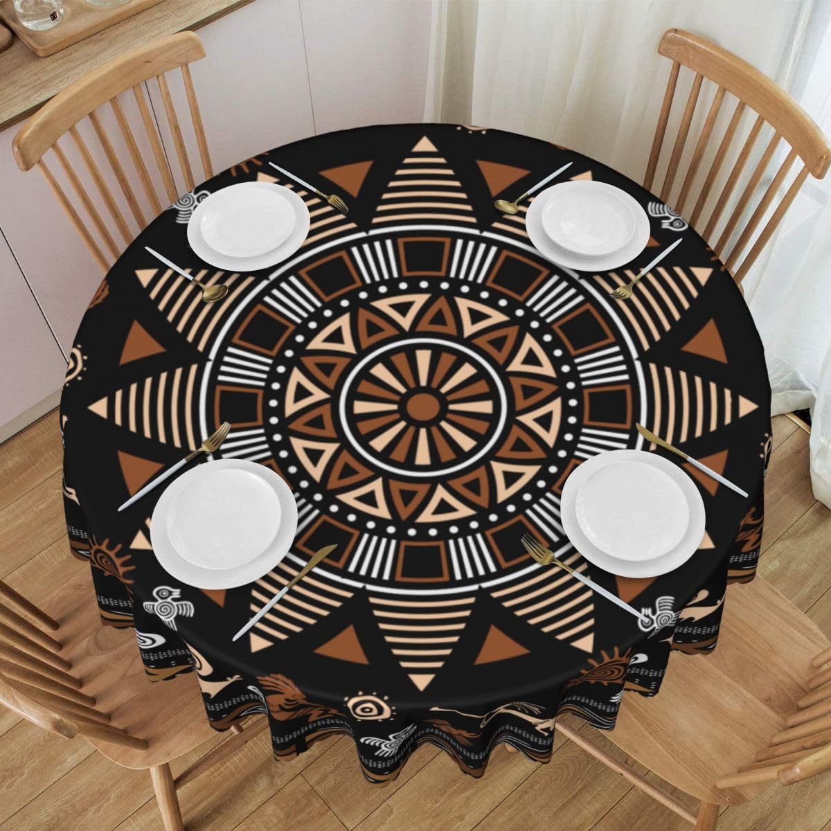 African Tribal Tablecloth, Traditional Ethnic Totems Rustic Abstract Geometric Pattern Print Water Resisitant Table Cover for Dining Kitchen Living Room Home Party Holiday Decor 36 inch Round