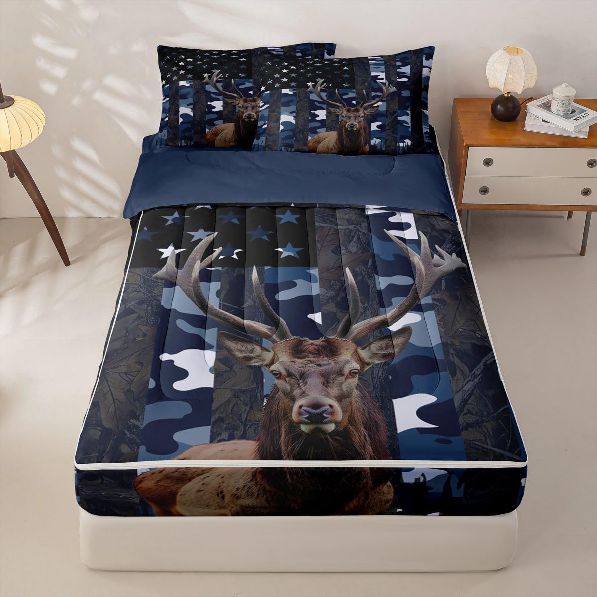 jejeloiu Deer Hunting Camo Comforter Set Twin Size Zipper Bedding Set for Girls Boys Rustic Western Deer Comforter with Fitted Sheet, Pillowcases American Flag Zipper Bedding Soft Breathable