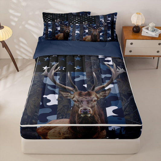 jejeloiu Deer Hunting Camo Comforter Set Twin Size Zipper Bedding Set for Girls Boys Rustic Western Deer Comforter with Fitted Sheet, Pillowcases American Flag Zipper Bedding Soft Breathable
