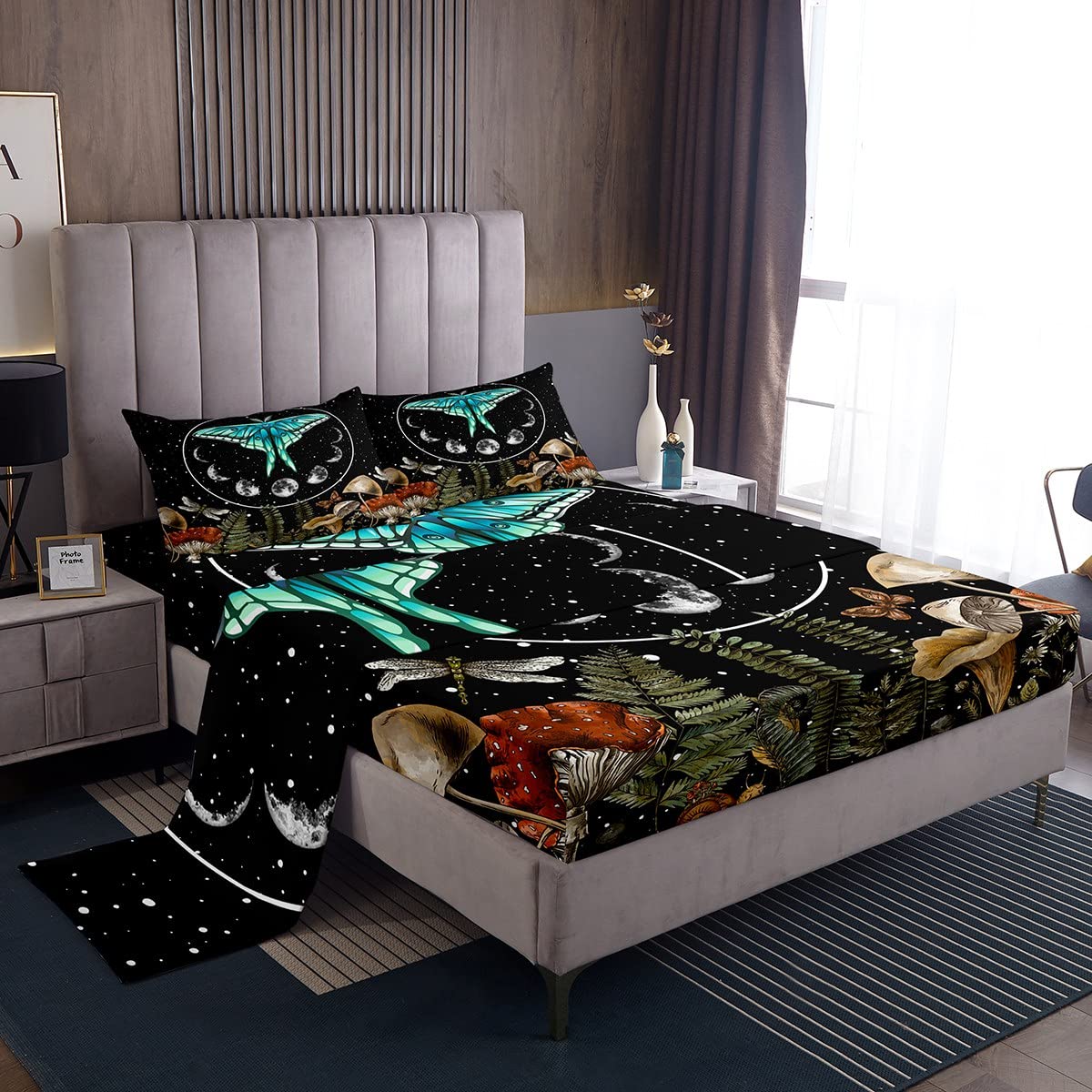 Erosebridal Blue Butterfly Sheet Set Queen,Dragonfly Moth Mushroom Bed Sheets Moon Phase Flat Sheet Starry Sky Fitted Sheet,Hippie Wild Fungus Sheets Boho Bohemian Style Home Room Decor Luxury,Black