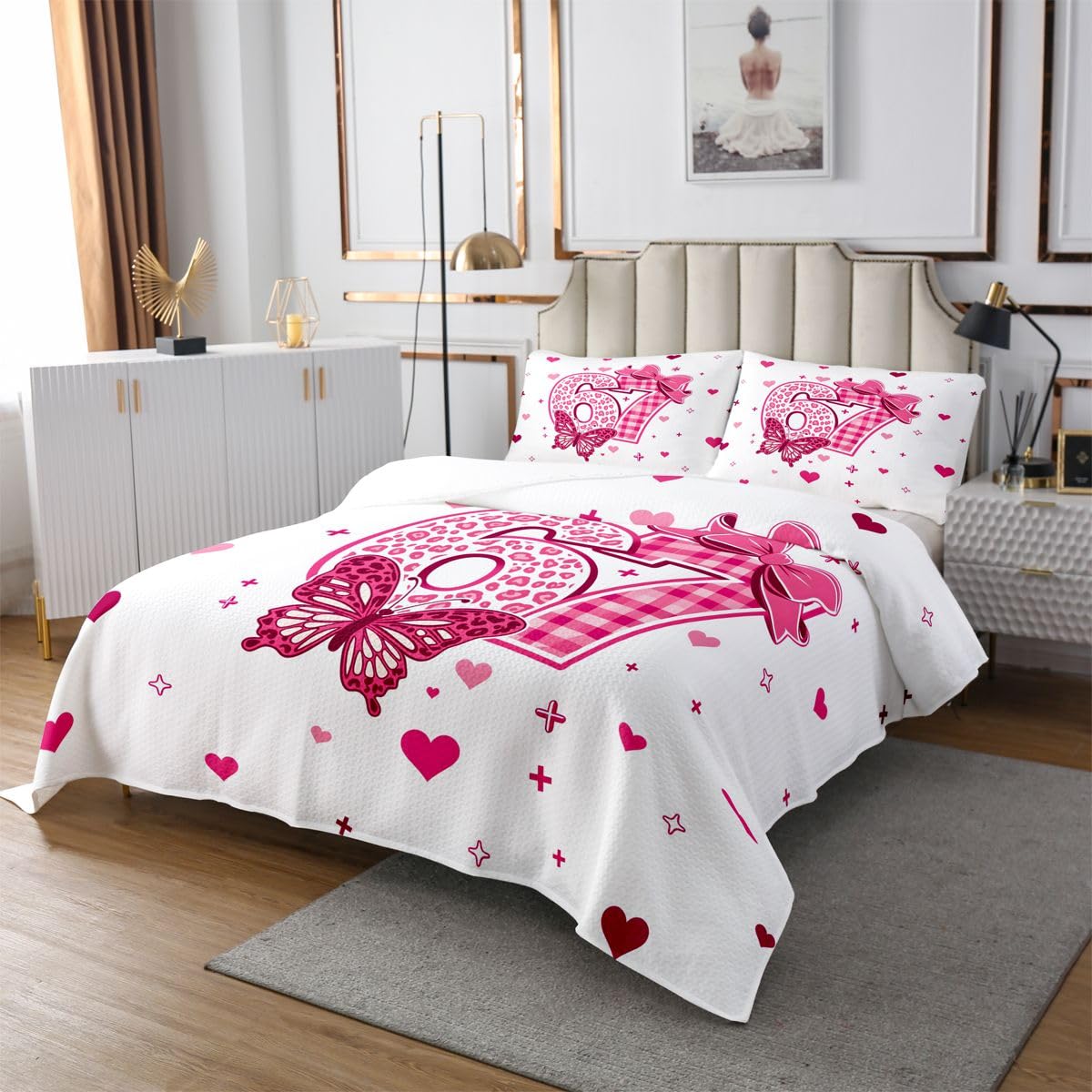 jejeloiu 6 7 Bedspread Quilts Leopard Print Coverlet Set King Size for Kids Boys Girls Pink Bow Quilted Coverlet for All Season with 2 Pillowcases Butterfly Microfiber Kawaii