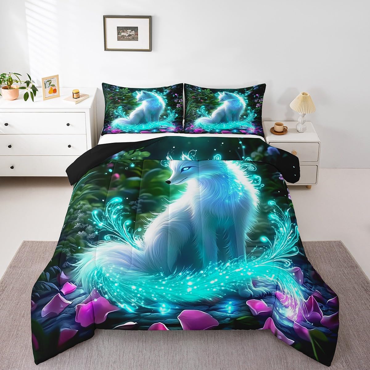 Feelyou Fox Comforter Set Twin Size Kids Cute Cartoon Fox Bedding Set for Boys Girls Teens Glitter Animal Comforter Breathable Woodland Fox Duvet Set Nature Wildlife Quilt Set