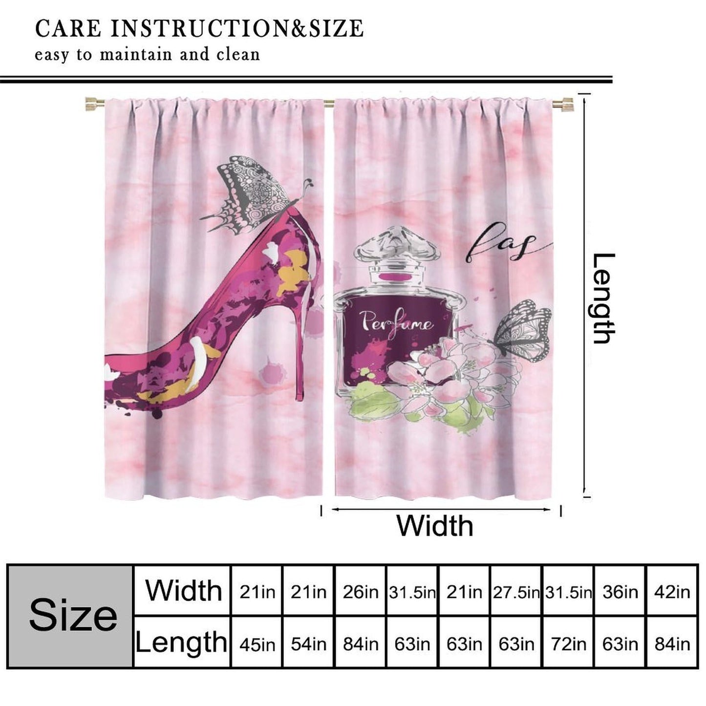 Pink Modern Fashion Curtains For Woman Gorgeous Red High Heel Shoes Perfume Flower Butterfly Rod Pocket Window Drapes For Teenage Girls Bedroom Living Room Bathroom 2 Panels 41x45 ln（No Blackout）