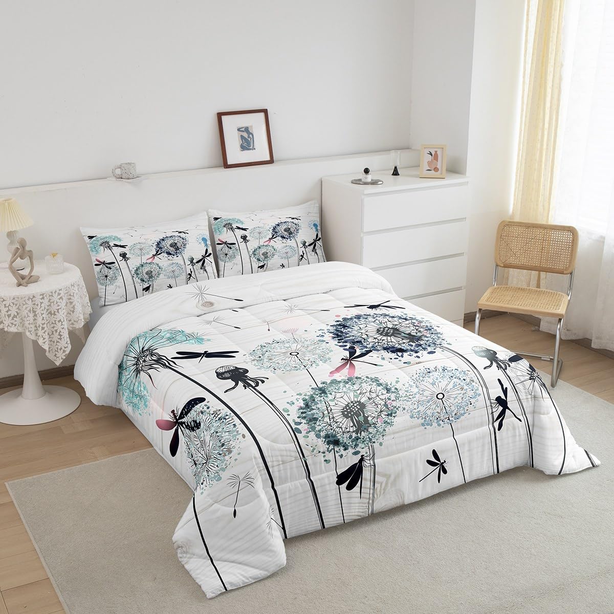Manfei Dandelion Comforter Set Twin Size, Boho Dragonfly Bedding Set 2pcs for Kids Boys Girls Bedroom Decor, Botanical Floral Quilt Set Rustic Wooden Board Duvet Set with 1 Pillowcase
