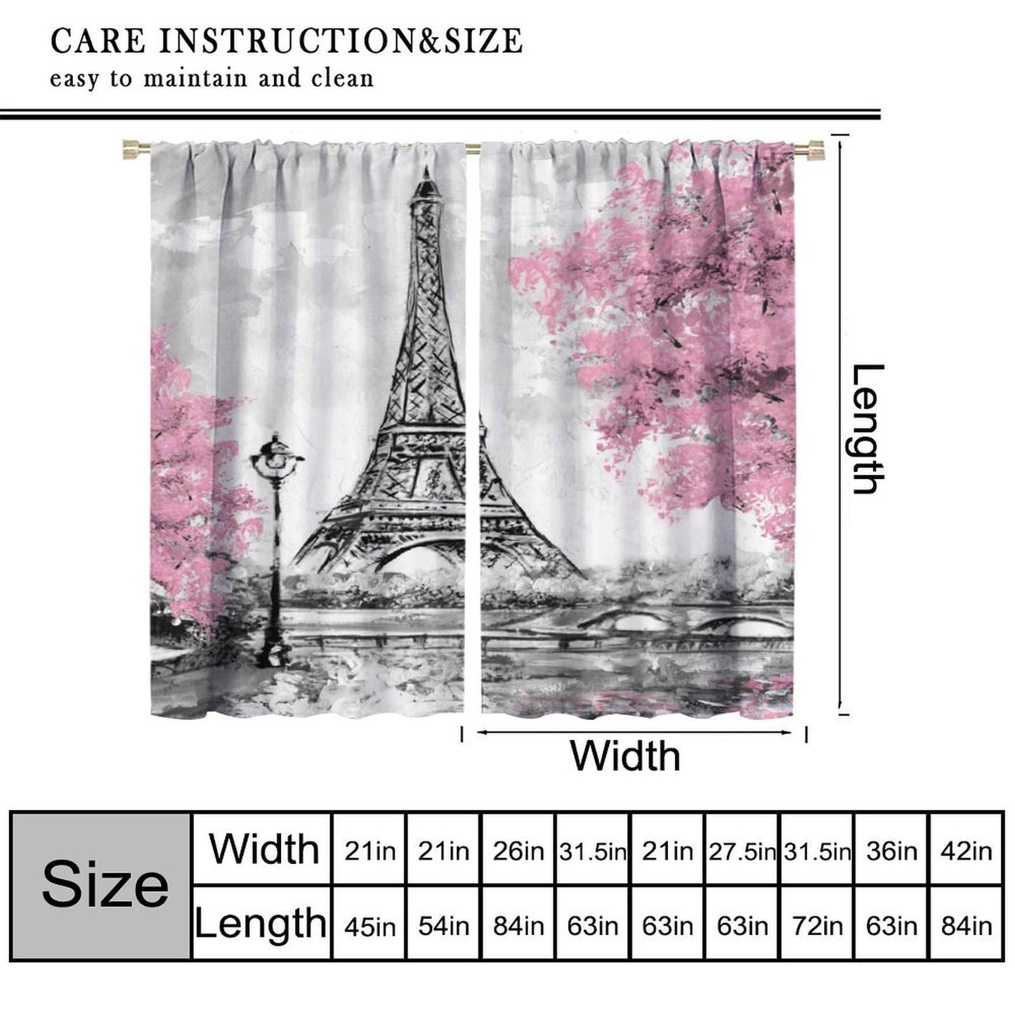 Eiffel Tower Curtains Pink Scene Romantic Decor Paris Eiffel Tower Cityscape Rod Pocket Window Treatments for Girls Women Bedroom Living Room 2 Panels 41" x 45" （No Blackout）