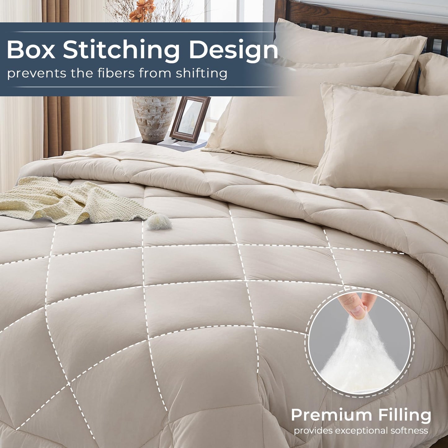 HEVUMYI Beige Tan Queen Comforter Set - 7-Piece All Season Bed in a Bag Queen, Ultra Soft Bedding Set with Comforter, Flat Sheet, Fitted Sheet, Pillowcases, Pillow Shams, Beige Tan