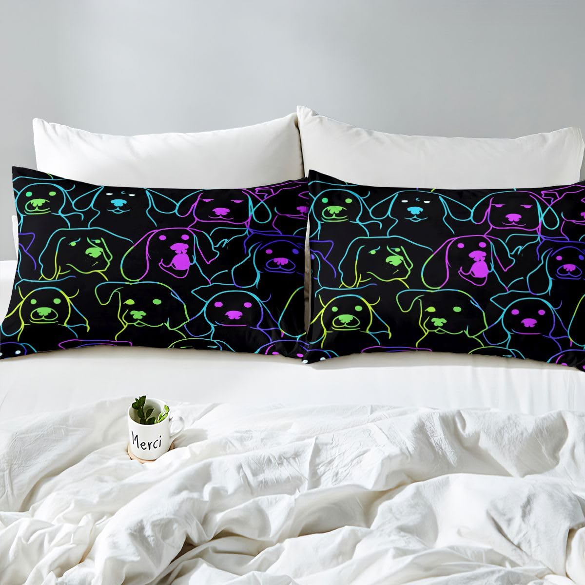 Dog Themed Bedding King Cute Simple Strokes Animal Dog Comforter Cover for Kids Boys Girls Soft 3 Pcs Duvet Cover, Rainbow Bright Colorful Pet Dog Bedding Kawaii Puppy Pattern Bedspread