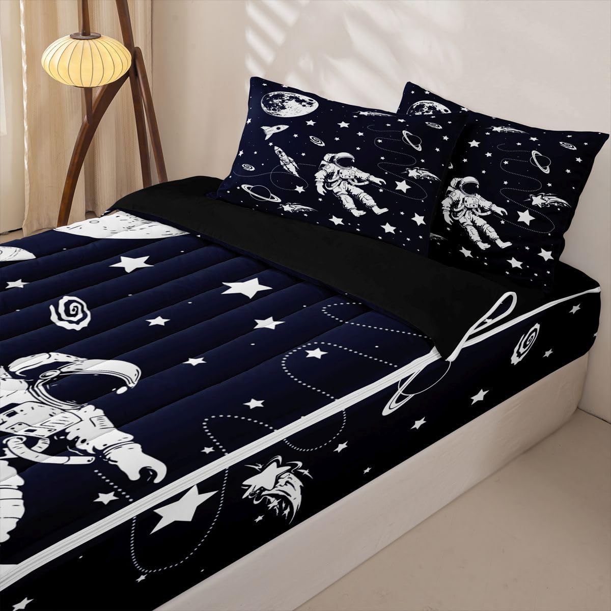 Feelyou Solar System Queen Comforter Set with Fitted Sheet Outer Space Zipper Bedding for Kids Teens Adults Universe Planets Zipper Bedding Sets Cute Astronaut Blue White Bed in A Bag Room Decor