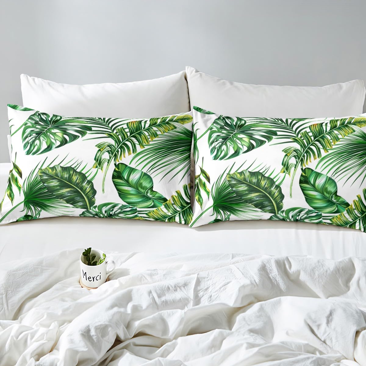 Erosebridal Palm Leaves Comforter Cover Monstera Banana Leaves Duvet Cover Hawaiian Tropical Leaf Bedding Set Green Branches Quilt Cover for Men Women, White 3 Pcs Queen Size