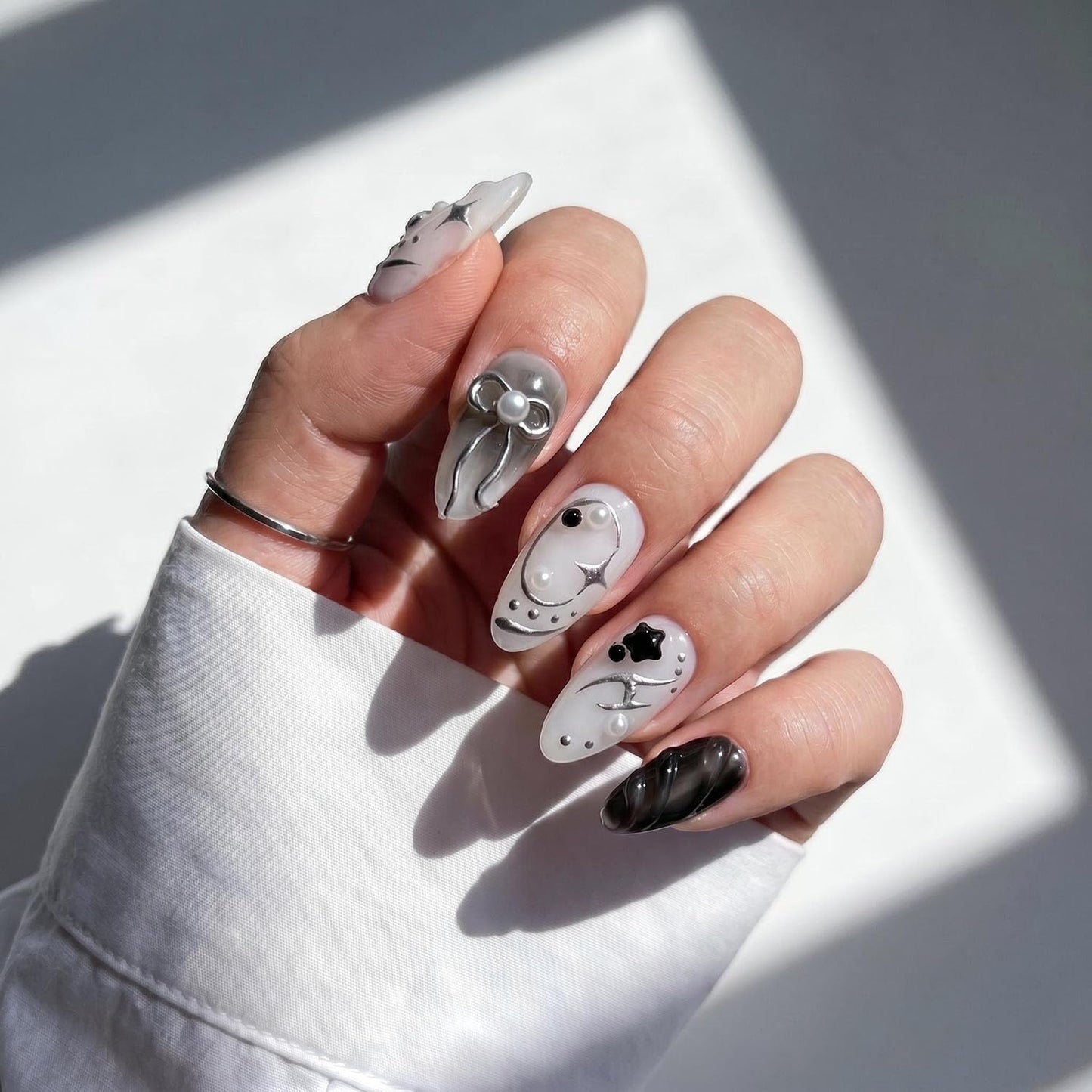 EasierGlow 10 Pcs Handmade Short Almond Press On Nails - Easy Apply & Remove, Reusable & Salon Quality | Y2K Gothic Black & White Press Ons with 3D Bow, Star & Swirl Sculpted Accents (UO02, S)