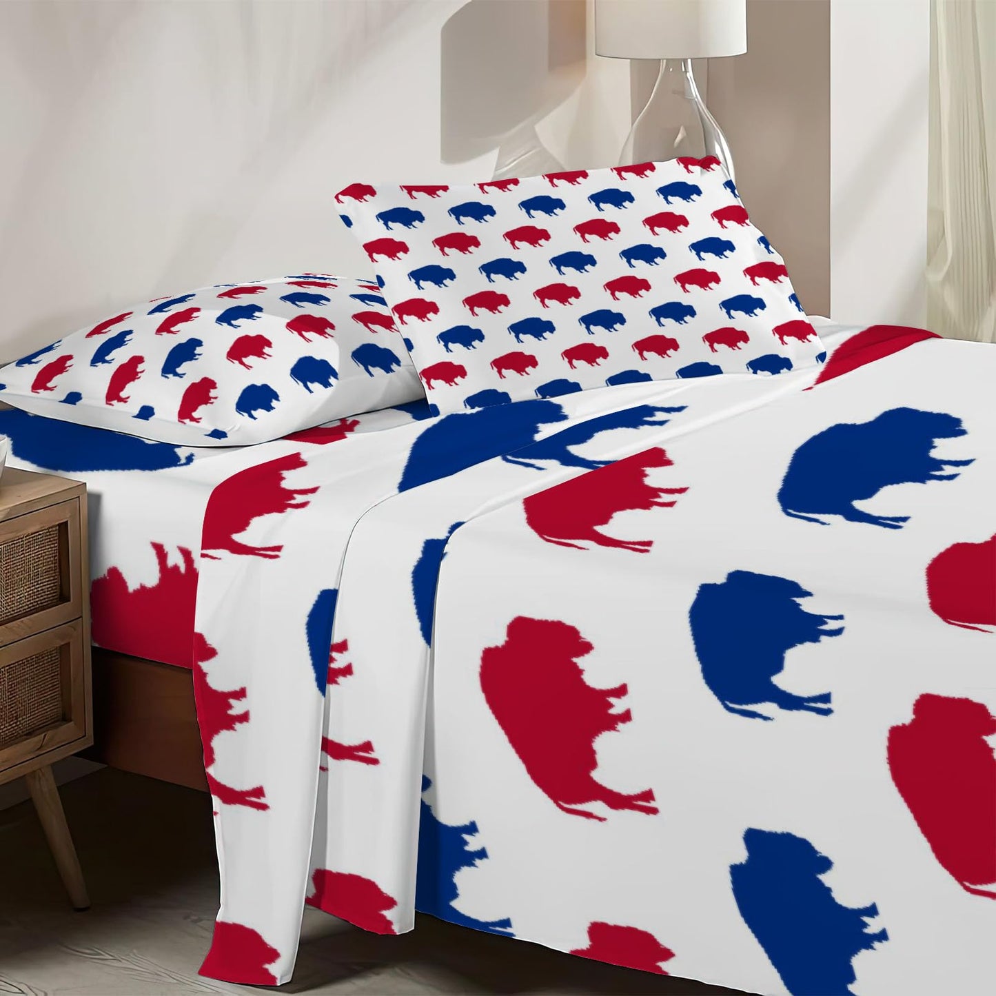 Allenjoy Full Size Red Blue Buffalo Fitted Sheet Animal Silhouette Pattern Bed Flat Sheets Bedding Set Deep Pockets Up to 16" Bedroom Decor with 2 Pillowcases