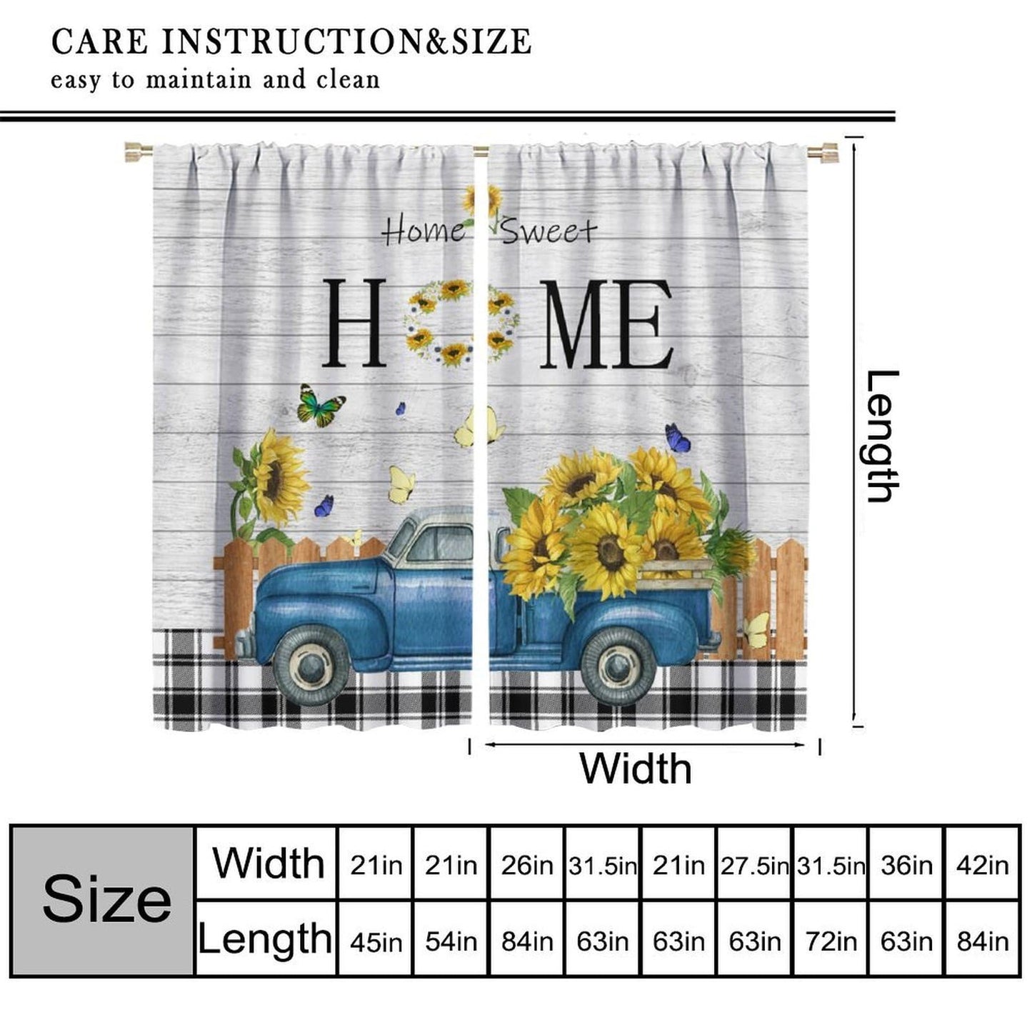 Nanacur Country Farmhouse Truck Curtains, Retro Rustic Truck Sunflower Butterfly Wooden Print Window Drapes, for Bedroom Living Room 42" W X 45" L (Decorative)
