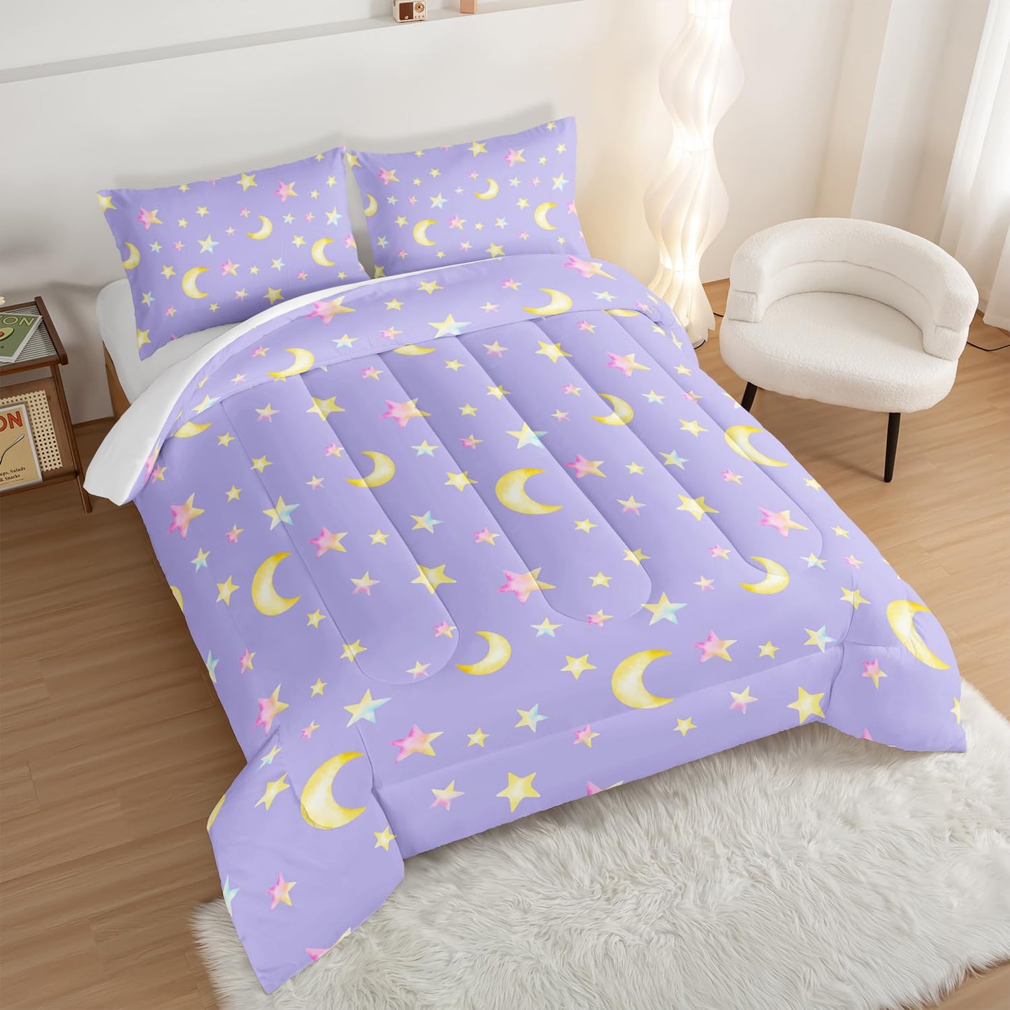UEVBF Yellow Stars and Moon Comforter Set Queen Size,3 Piece Space Themed Girls Bedding for Kids Room Decor,Soft and Lightweight Bedding Comforter Sets with 2 Pillowcases.