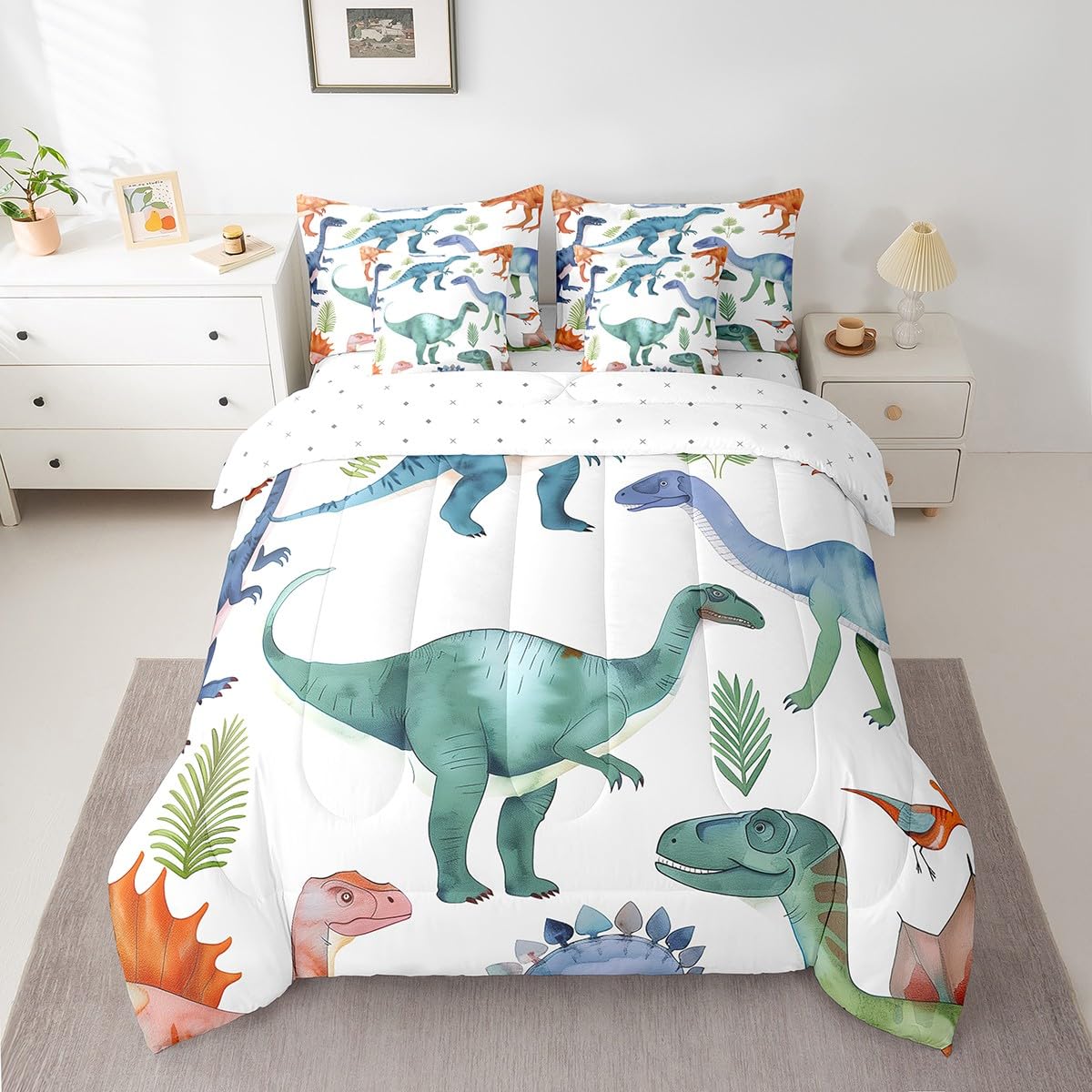 Erosebridal 7 Pcs Dinosaur Comforter Set Twin Colorful Dinosaur Quilt with Flat Fitted Sheet Wildlife Botanical Bedding Sets Jungle Ancient Animals Bed in A Bag