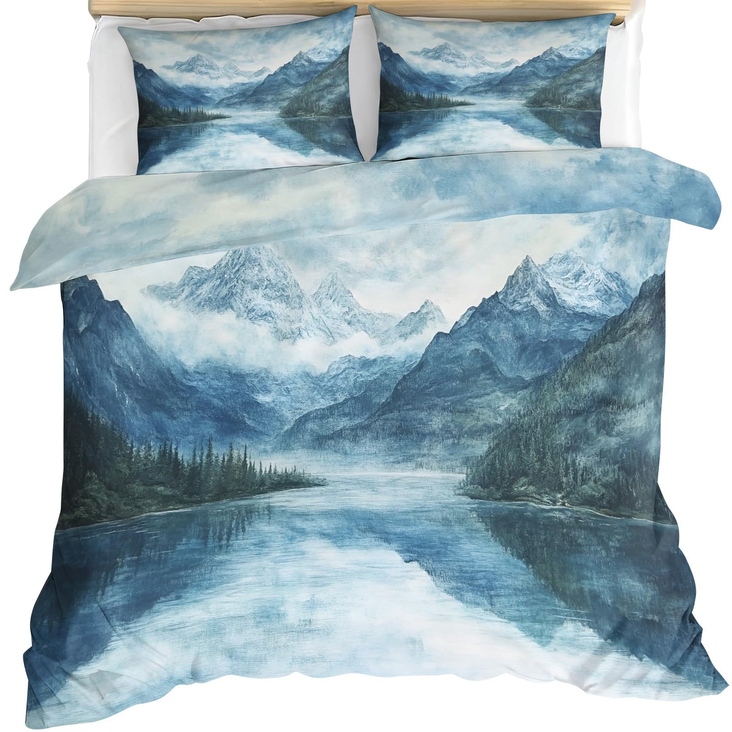 GKPLY Misty Mountain Bedding Comforters, Blue Watercolor Duvet Cover, Serene Nature Comforter Set, Reversible Print - Scenic Landscape Bedding Duvet Cover & 2 Pillowcases California King