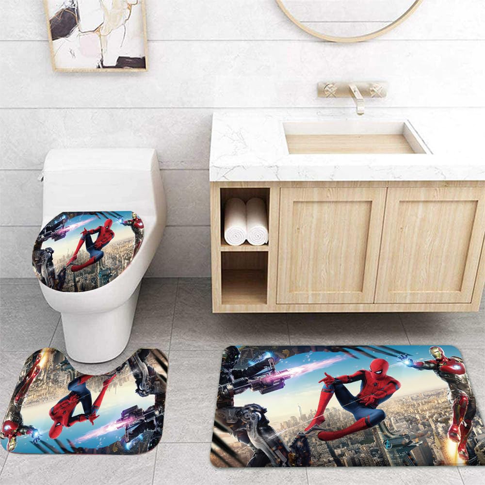 DIOSN Cute Spidey Shower Curtain Set 4 Piece with Non-Slip Rugs, Toilet Lid Cover and Bath Mat Cartoon Bathroom Decor 72 x 72inch (Spider)