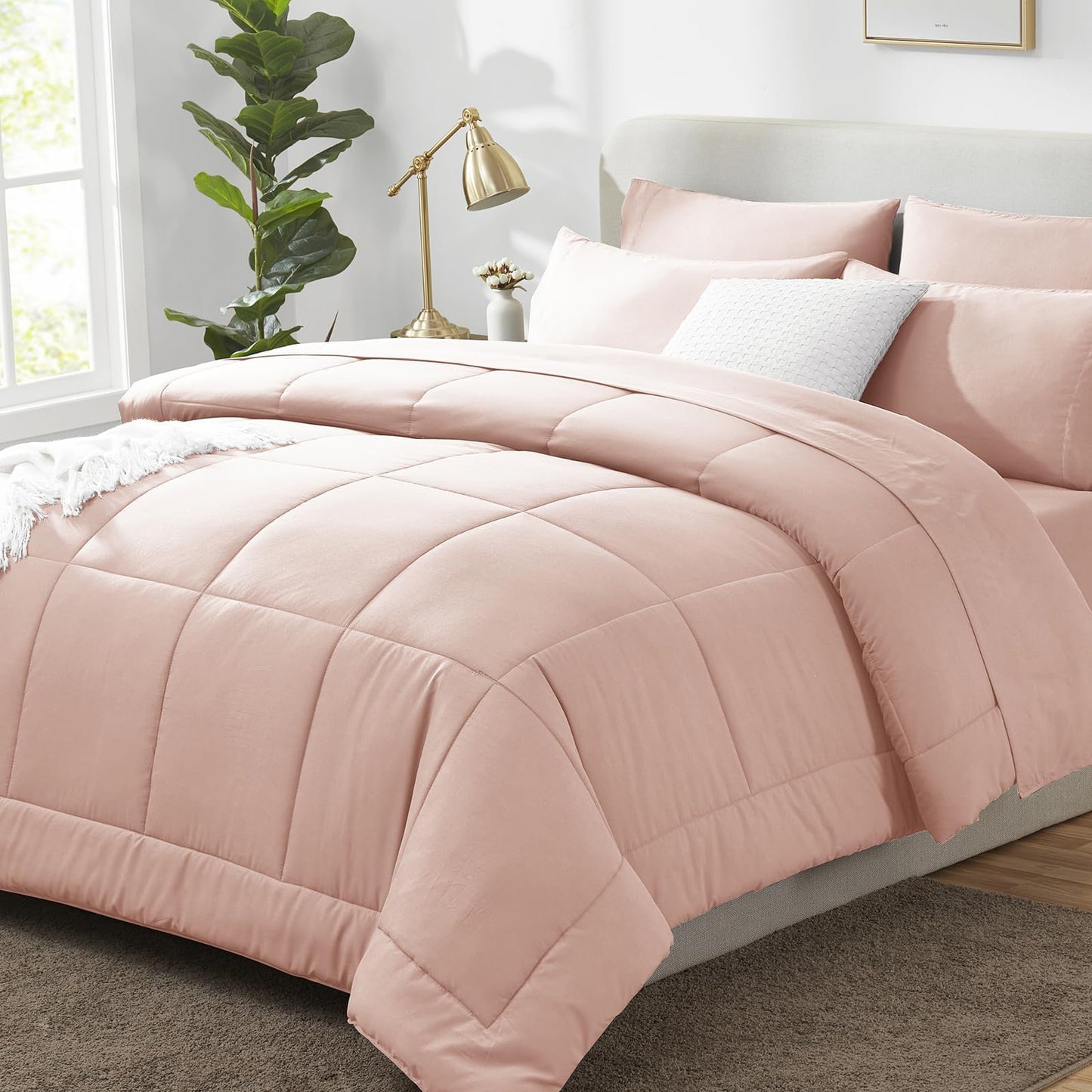 CozyLux Queen Comforter Set Blush Pink, 7 Pieces Bed in a Bag, Pink Comforters Queen Size, All Season Bedding Sets with Stitch Quilted Comforter, Flat Sheet, Fitted Sheet, Pillowcases