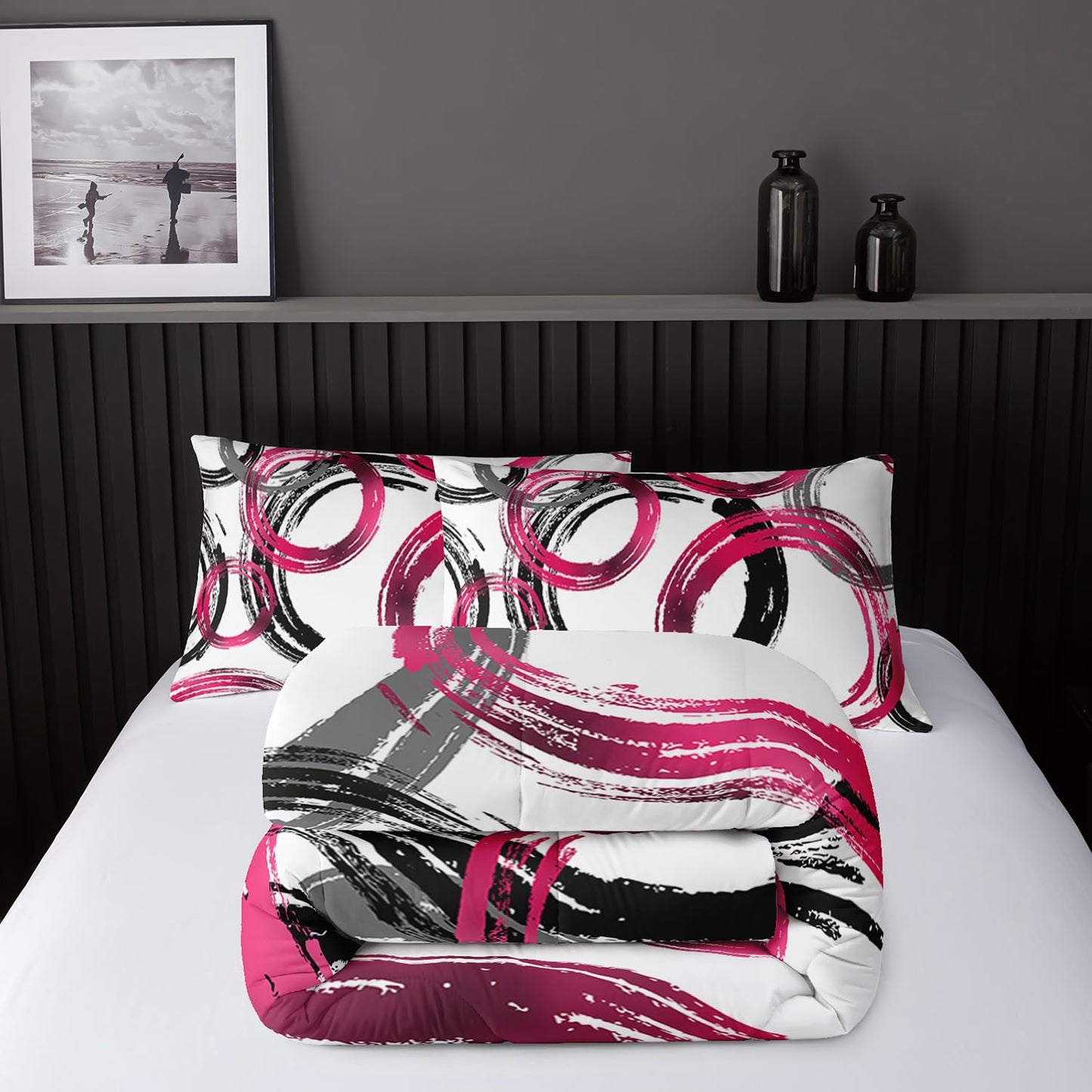 Nttopship Geometric Circle Comforter Set Pink Grey Black Geometric Bedding Set for Boys Girls Teens Retro Circle Swirls Bedding Set Bedroom Decor Modern Abstract Art Duvet Set Room Decor Twin Size