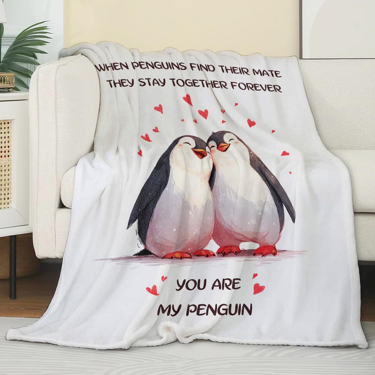 Zeleda Cute Penguin Flannel Blanket, Soft Cozy Throw with Romantic Animal, Lightweight Blankets for All Seasons, Love Home Sofa Bed Decor and Gifts for Couple Women Valentine’s Day, 50x60 Inch