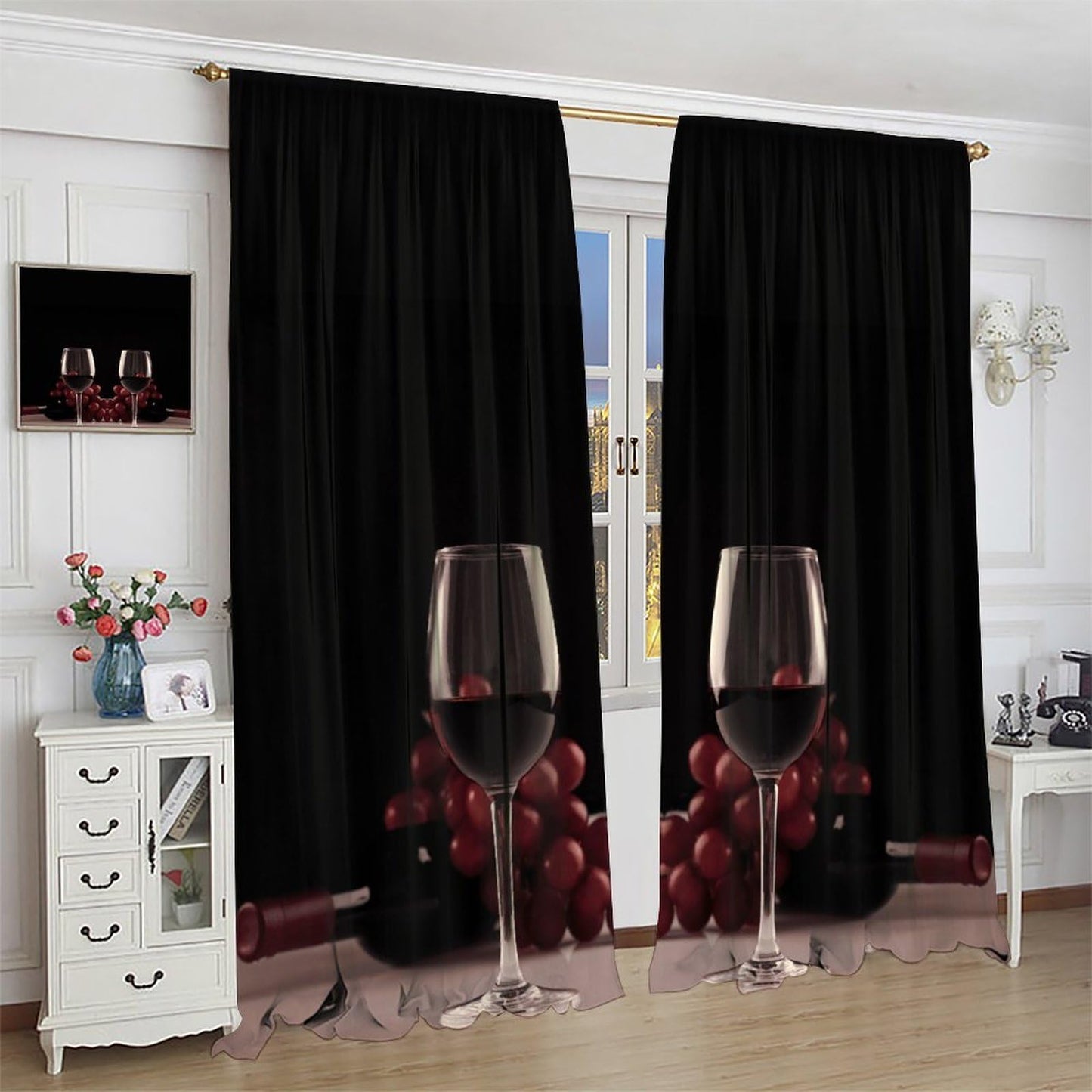 Wine Glass Curtains, Red Wine Glass Bottle Grapes Print, Light Filtering Window Drapes for Kitchen Dining Room Living Room, 20.5" W x 44.5" L, 2 Panels （No Blackout）