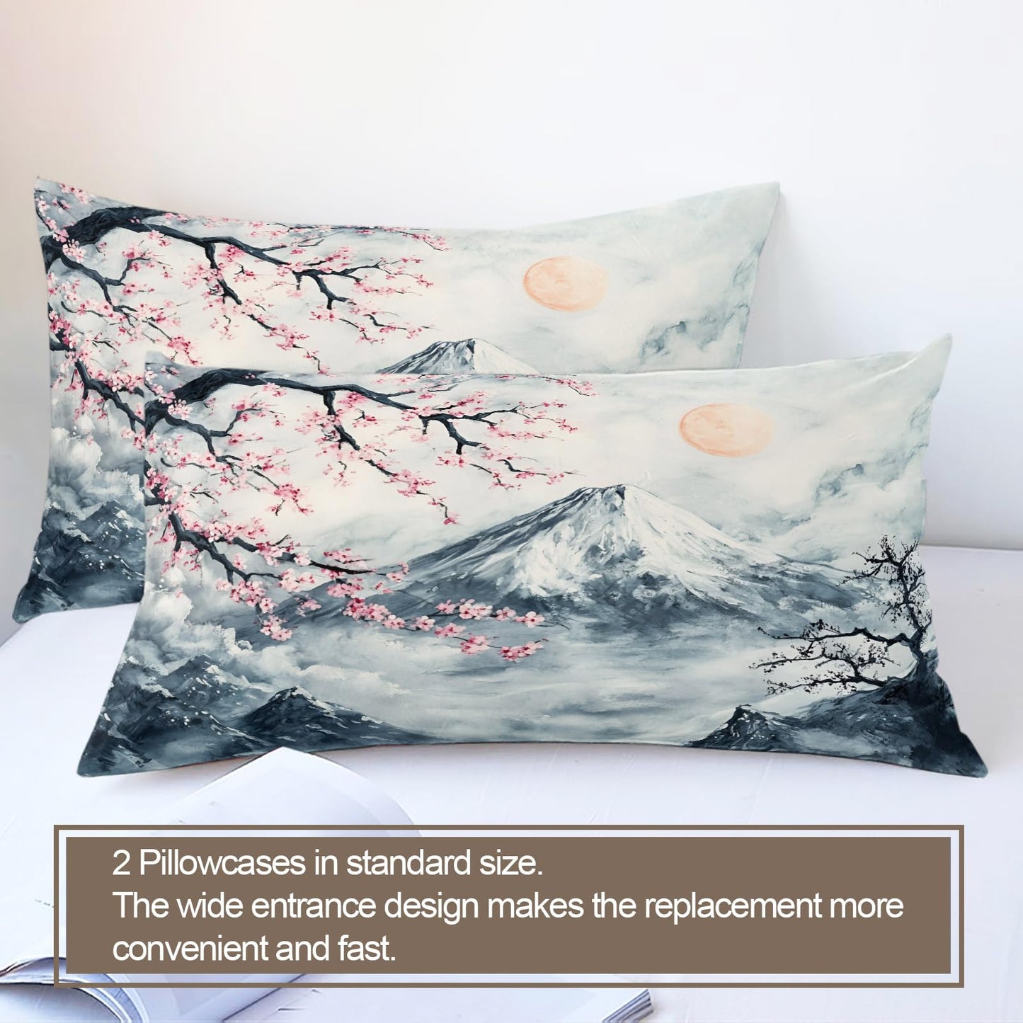 PAISUOQ Japanese Duvet Cover King Size, Traditional Painting Bedding Set, 3 Piece, Soft Microfiber Patterned Comforter Cover with Zipper Ties & 2 Pillowcase, Mountains Bedroom Decor & Gifts