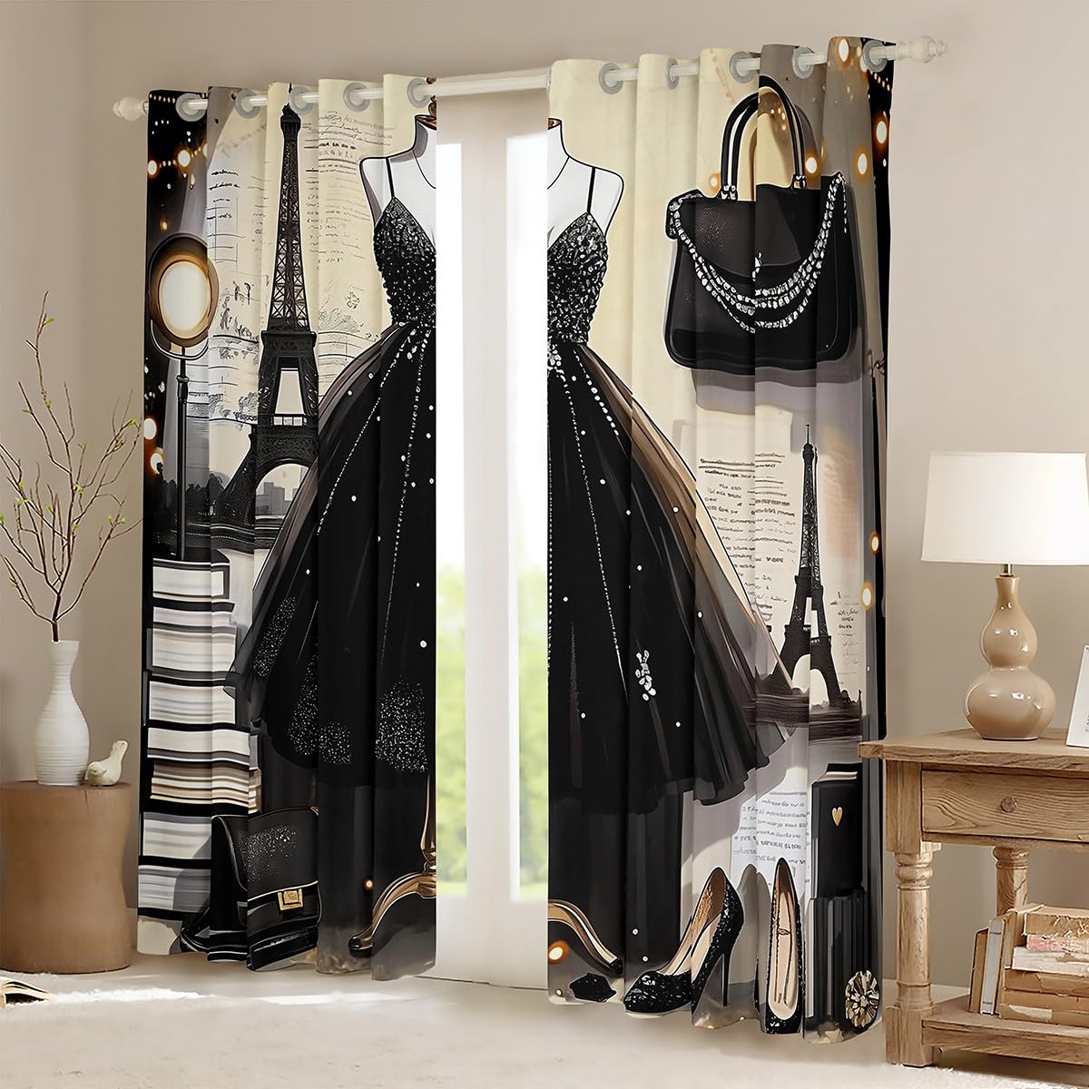Erosebridal Fashion Dress Blackout Curtains Fashion Girly Black Dress Curtains Eiffel Tower Paris Style Bedroom Curtains Romantic Makeup Themed Window Curtains Women Perfume Print Curtains,76" Wx45 L