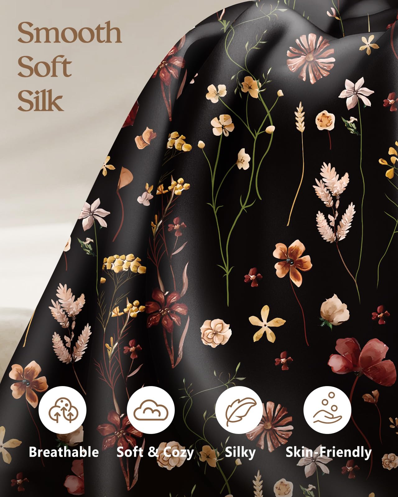 Miss Adola 2 Pack Mulberry Silk Pillowcase for Hair and Skin - Standard Size 20 x 26 Inches with Hidden Zipper BK Grow Flower 19 Momme Soft Sleeping Silk Pillow Case for Women, Moms