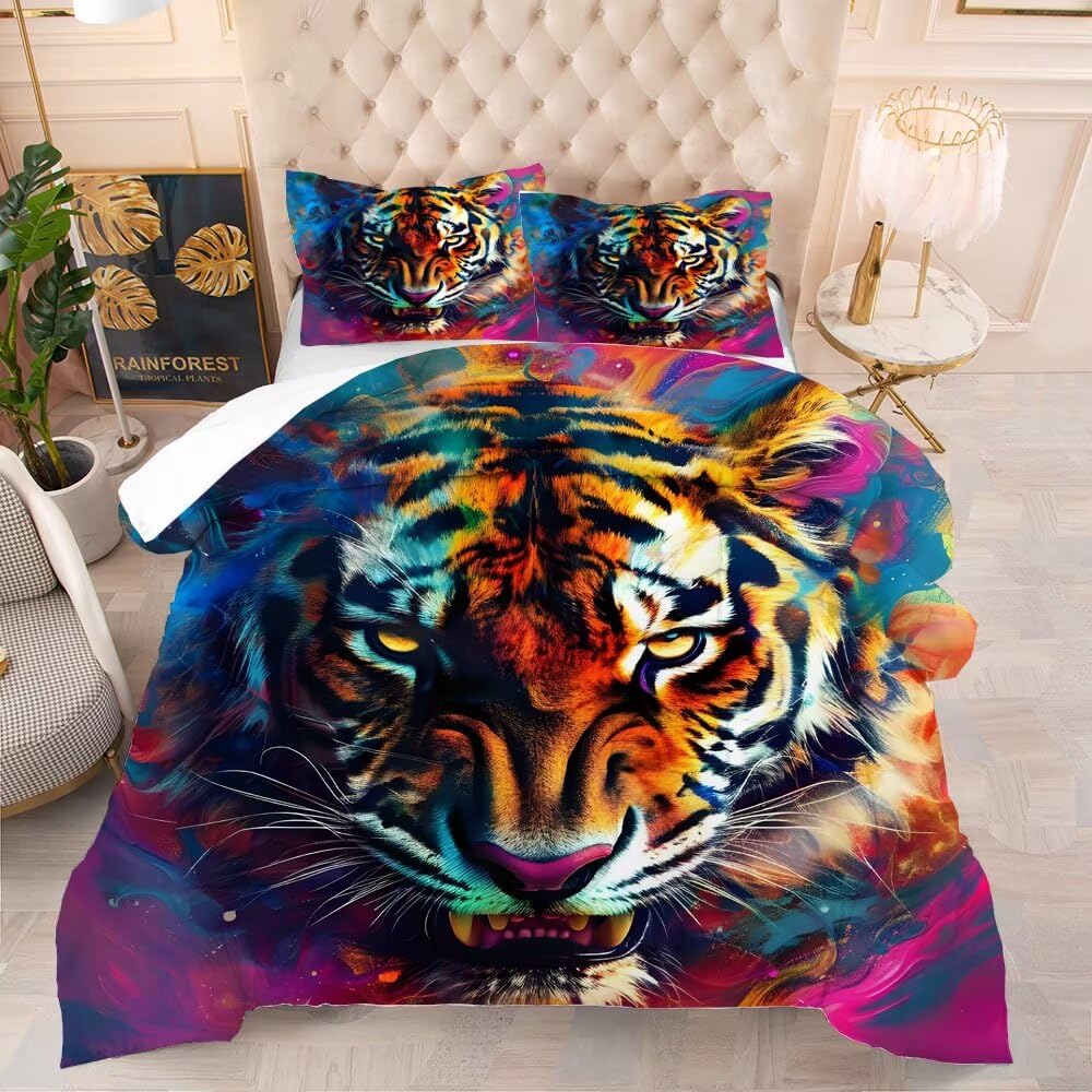 VTKON Tiger Print Bedding Set Queen for Kids Boys Tie Dye 3D Animal Print Bedding Comforter Cover Wildlife Tiger Theme Bedding Set Microfiber 3 Pcs with 1 Comforter and 2 Pillowcases