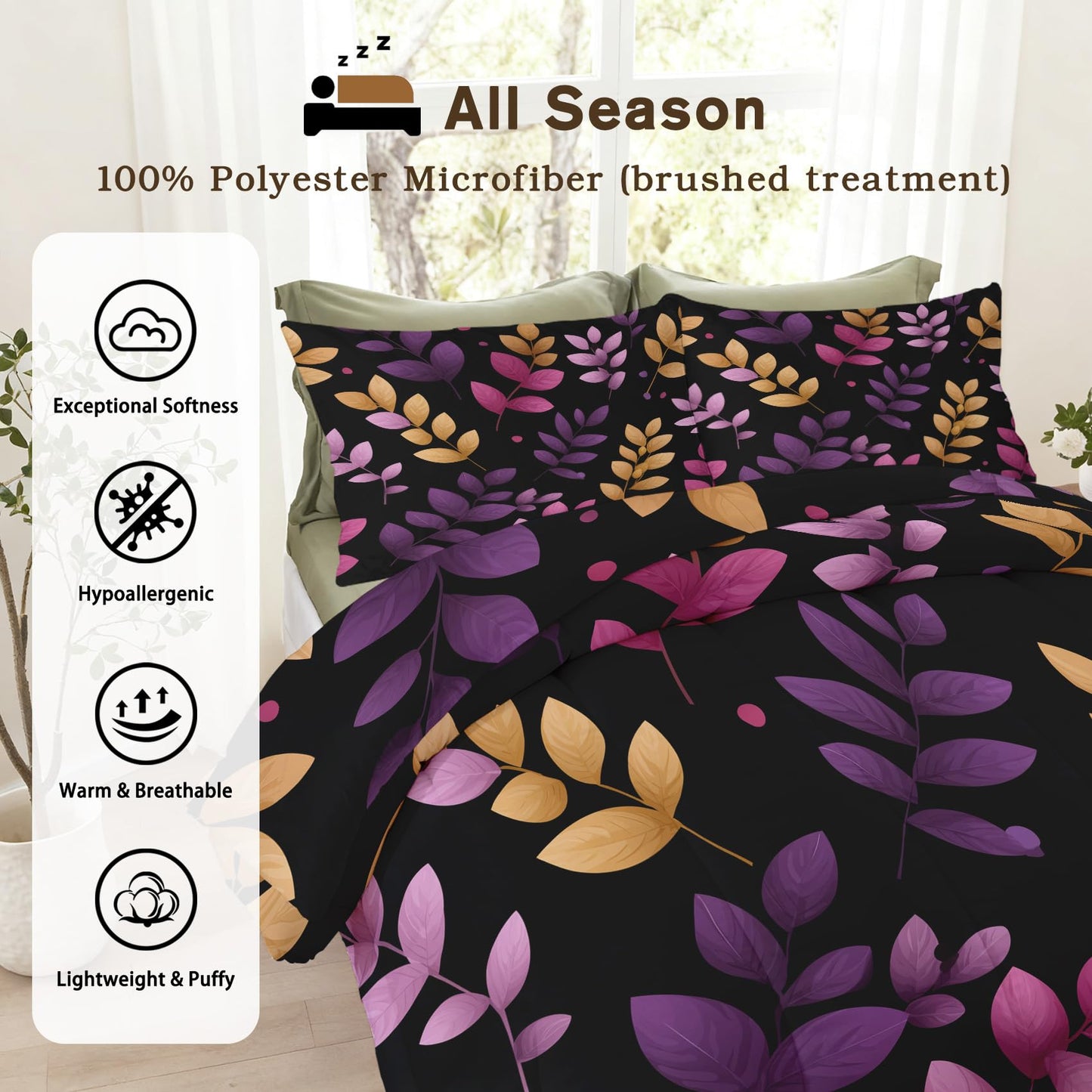 Flumoxa Branch Comforter Set King, Purple Yellow Leaf Comforter Down Alternative All Season Bedding, Branch Bed Sets King Size with Pillowcase, Bedroom Decor