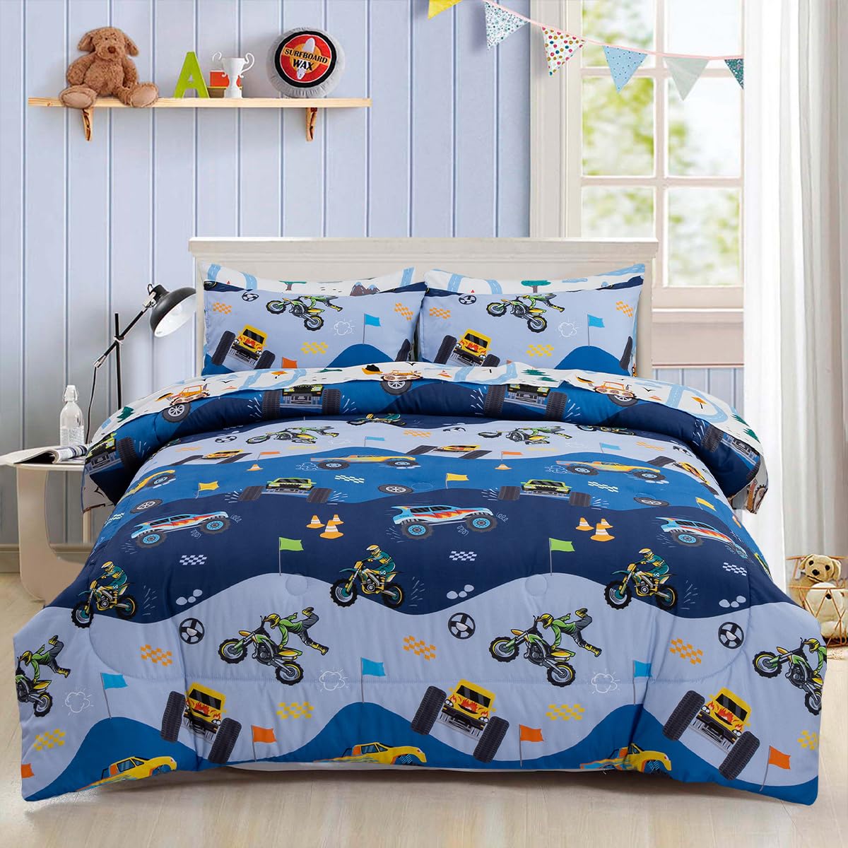 Holawakaka Trucks Tractors Cars Boys 5-Piece Bedding Comforter Sheet Set,Twin Size Cartoon Construction Car Excavator Print Kids Bed in A Bag, Excavator Mixer Truck Printed Bed Sets(Light Blue Twin)