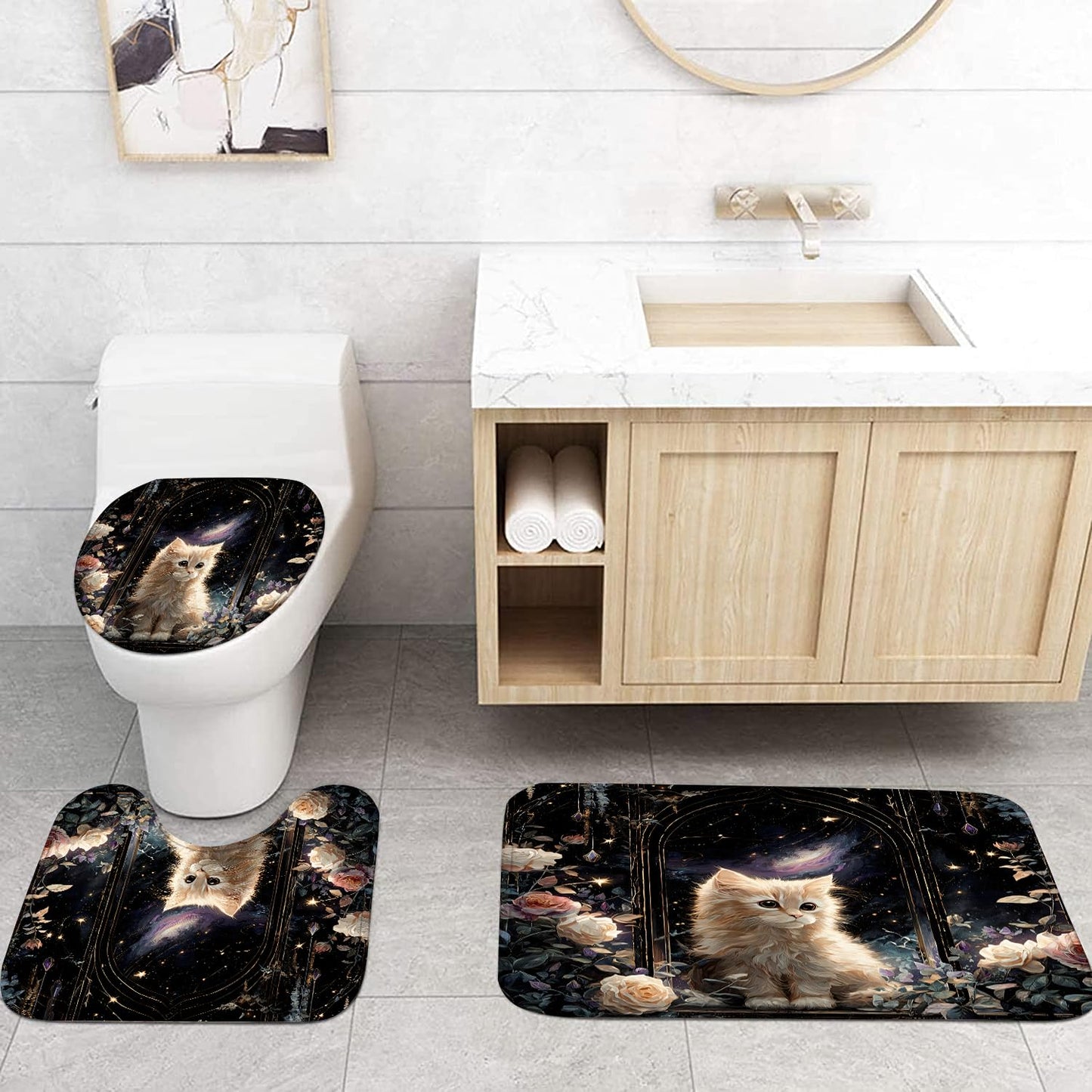 4Pcs Cat Starry Shower Curtain Sets with Non-Slip Rugs, Toilet Lid Cover and Bath Mat, Rose Pet Pattern Home Bathroom Decor Set Accessories Waterproof Shower Curtains with 12 Hooks, 72 x 72 Inch