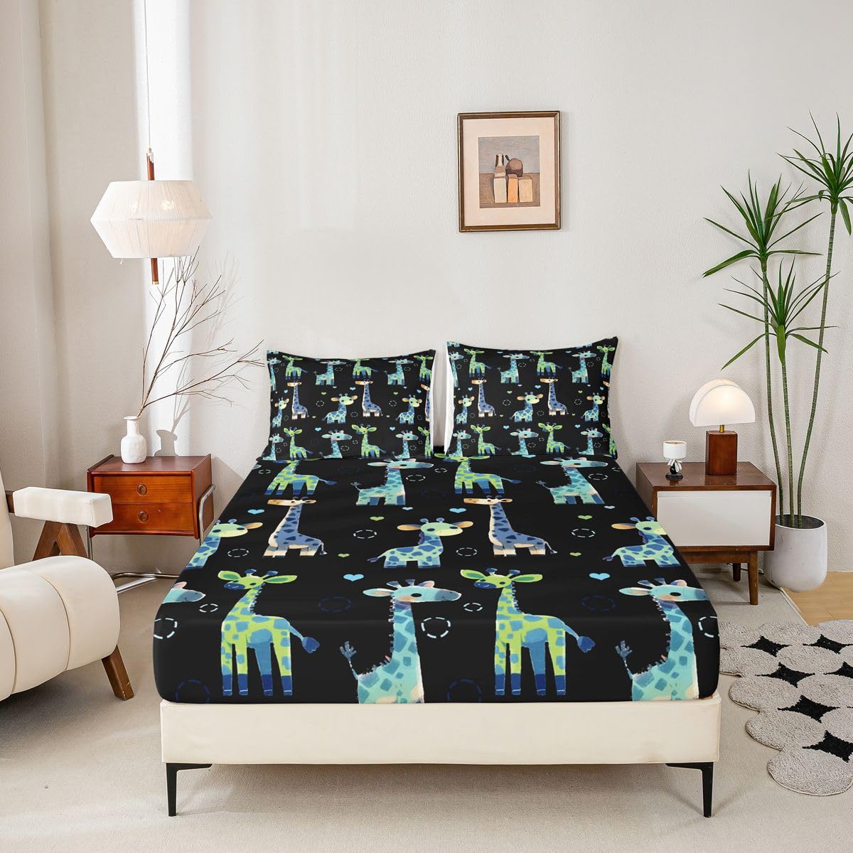 Erosebridal Giraffe Bed Sheets Full Black and Green Sheet Set for Kids Boys Girls Cartoon Kawaii Sheets Geometric Circle Wild Animal Flat Fitted Sheet 3 Pcs