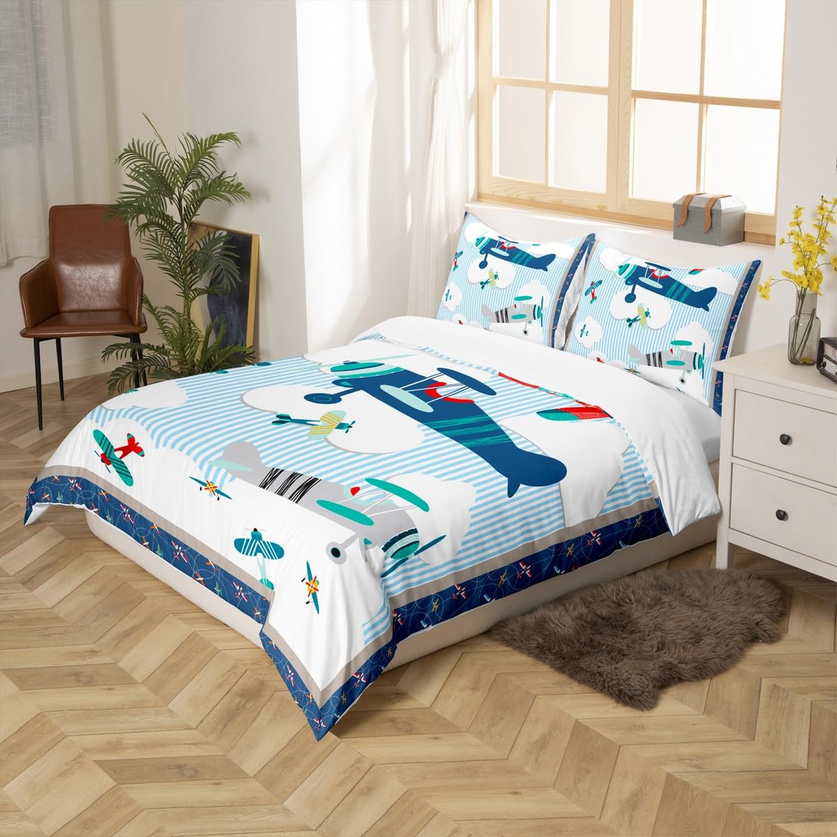 Kids Airplane Bedding Set Blue Sky and White Clouds Comforter Cover Set for Kids Teens Women Room Decor Aviation Aircraft Duvet Cover Breathable Modern Airplane Bedspread Cover Full Size(No Comforter)