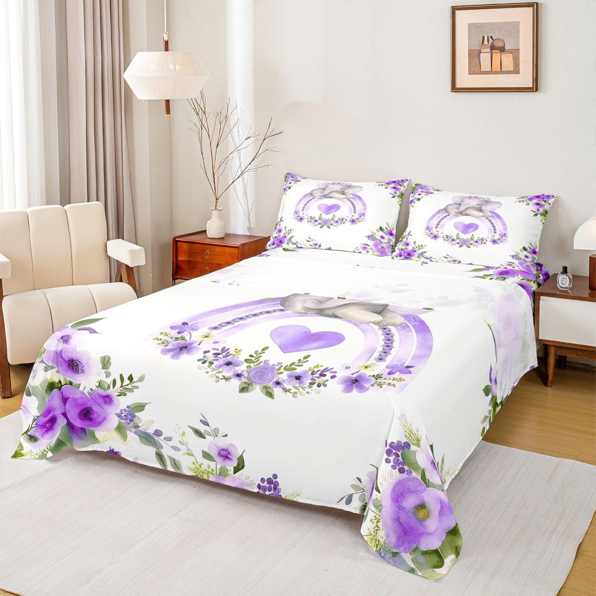 Erosebridal Cartoon Elephant Sheet Set Full | Rainbow Heart Pattern Bed Sheets for Kids Boys Girls Bohemian Colorful Flower Floral Flat Fitted Sheet African Ethnic Tribal Animal Sheets 3 Pcs