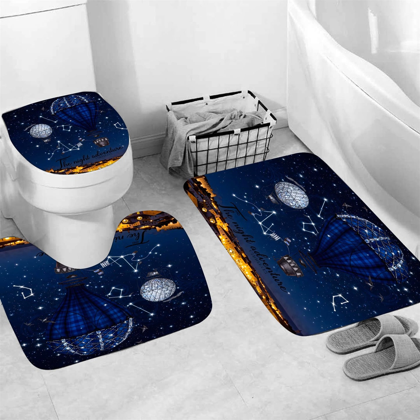 4 Piece Starry Night Shower Curtain Set with Rugs, Blue Hot Air Balloon Adventure Art Bathroom Decor, Waterproof Fabric Curtain with Non-Slip Bath Mats & Toilet Lid Cover, Romantic Night Sky Aesthetic