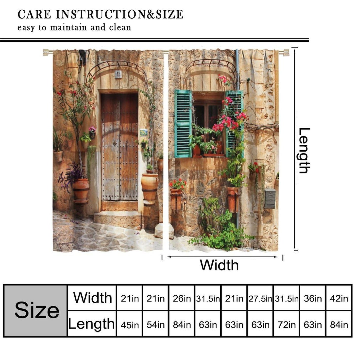 AAVEUP Italian Curtains for Kitchen Old Mediterranean Street Stone Rock House Floral Porches Pastoral Town Scenery Print Windows Treatments for Bedroom Living Room Bathroom 41x44.5in（No Blackout）